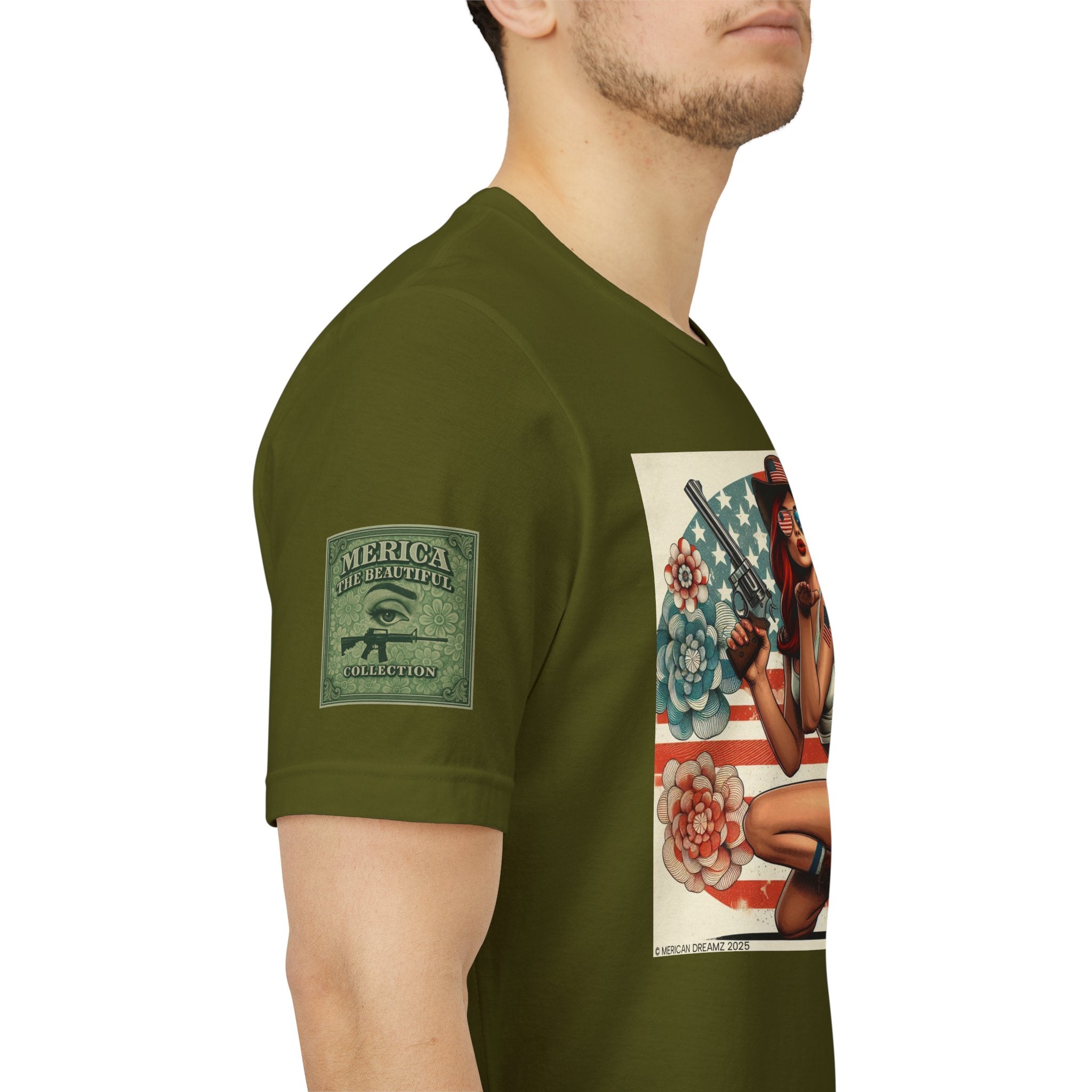 Graphic Short Sleeve Tee front and back — Retro Americana Pin-Up Cowgirls with .44 Magnum Revolvers