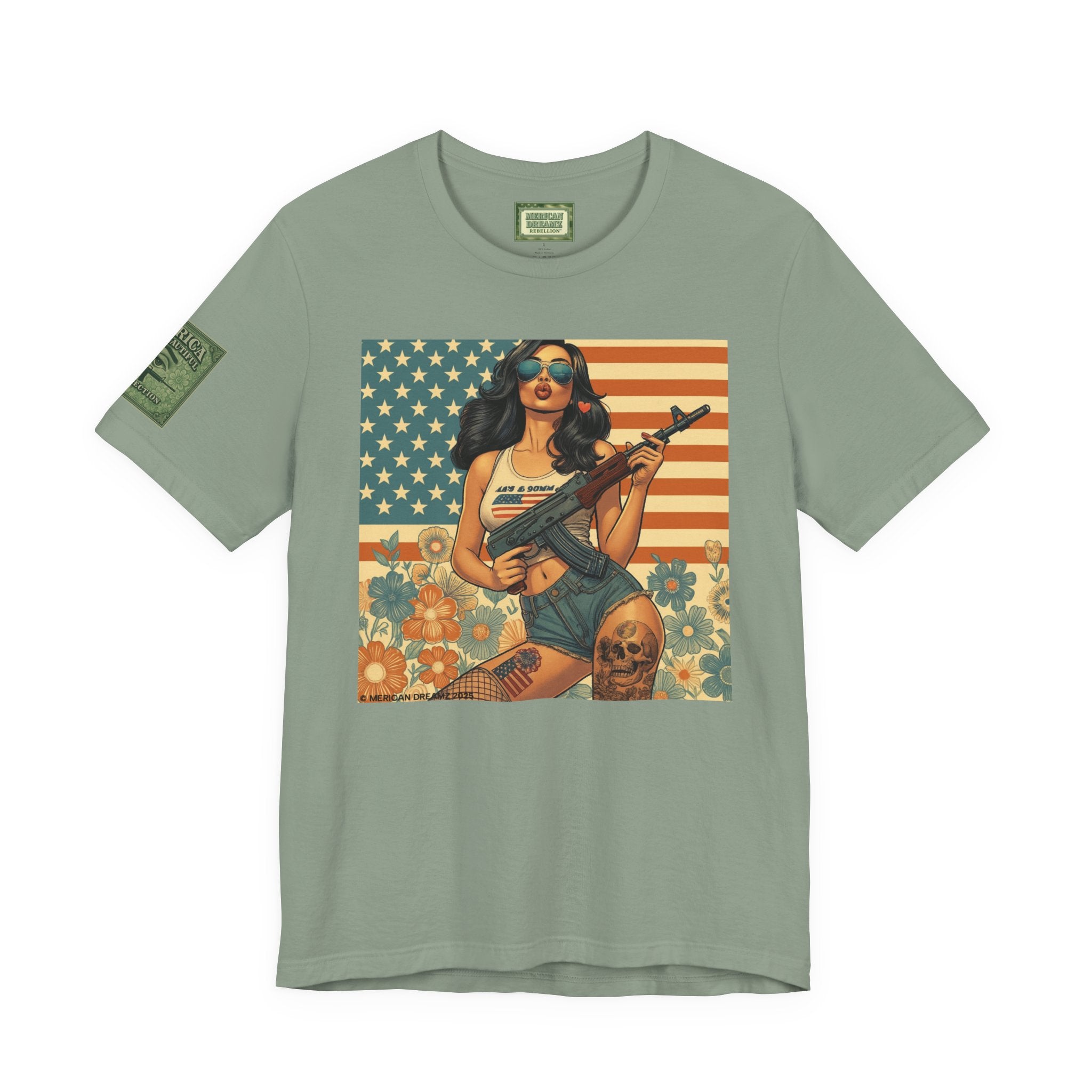 Graphic Short Sleeve Tee front and back — Retro Americana Pin-Up Girls with AK-47 Rifles