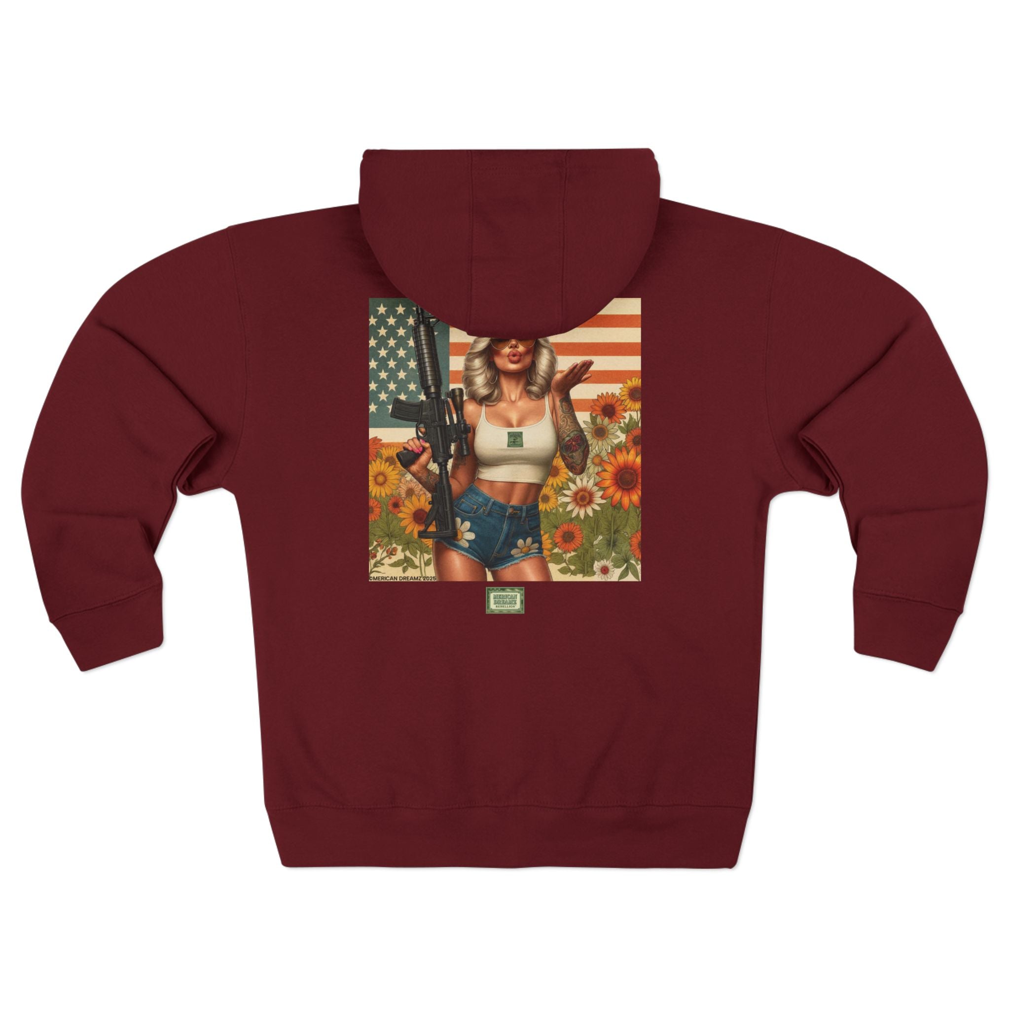 Americana Pinup girl with AR-15 Zip Hoodie — Retro Vintage Patriotic Graphic