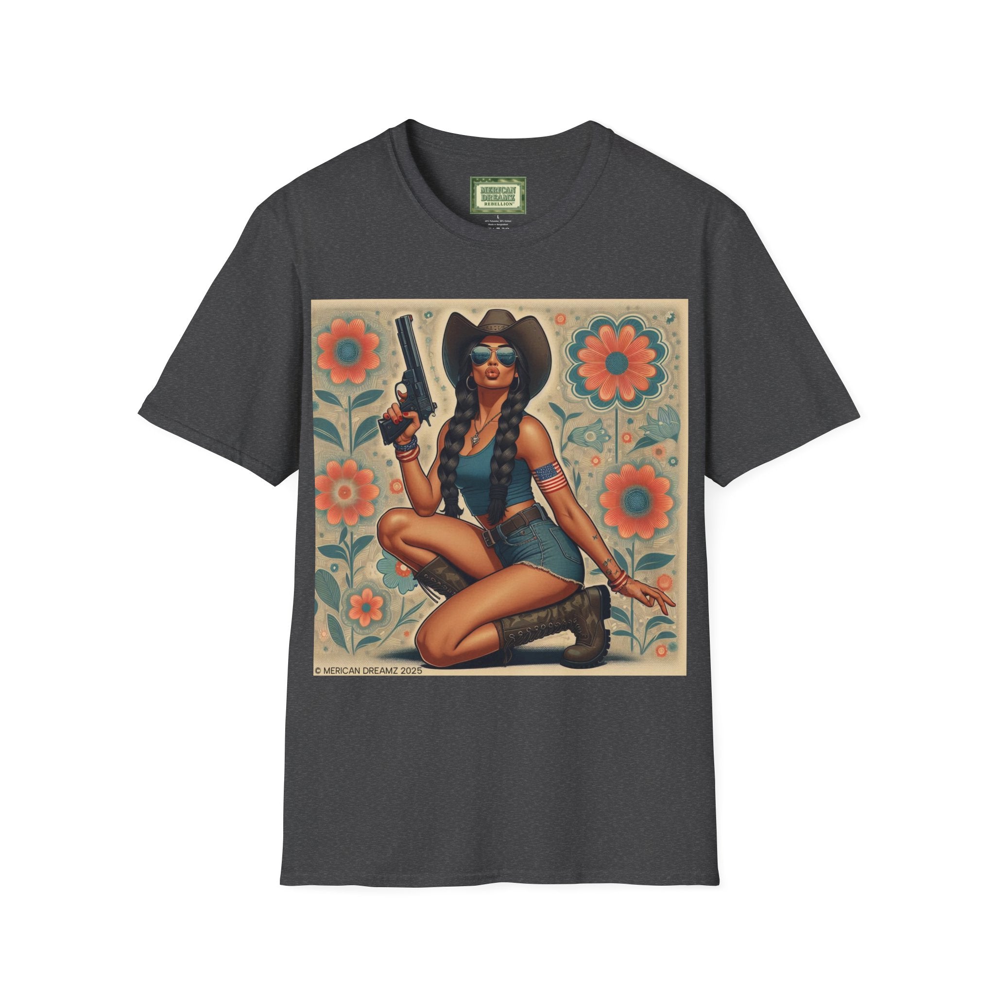 Pin-Up Americana T-Shirt — Retro Floral Gun Cowgirl Vintage Style (US Only)