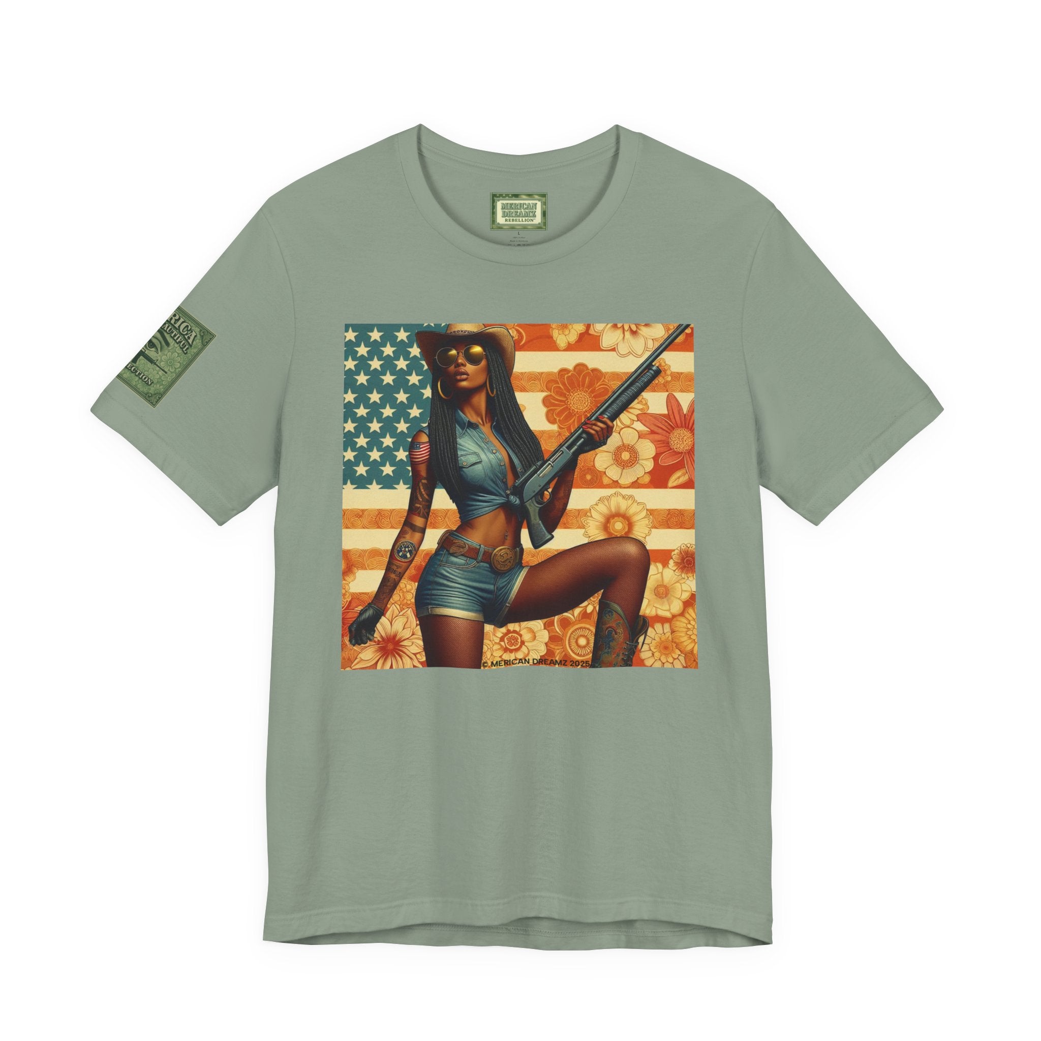 Graphic Short Sleeve Tee front and back — Retro Americana Pin-Up Cowgirls with 12 Gauge Shotguns