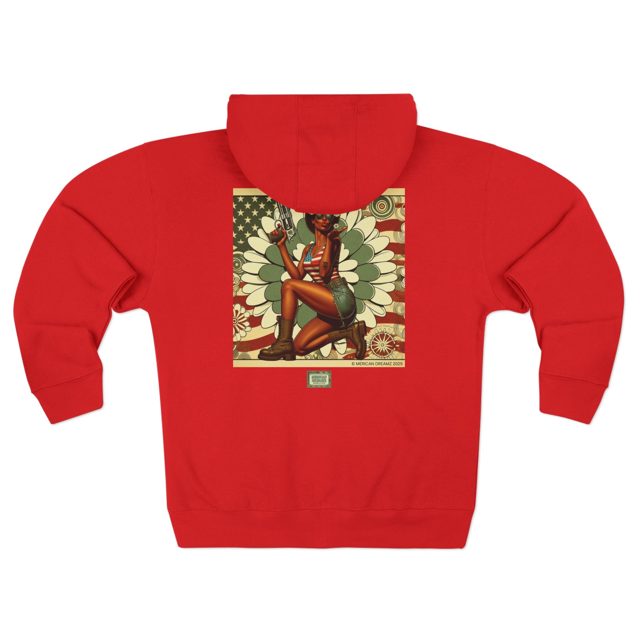 Americana Pinup Cowgirl with 44 Magnum Zip Hoodie — Retro Vintage Patriotic Graphic
