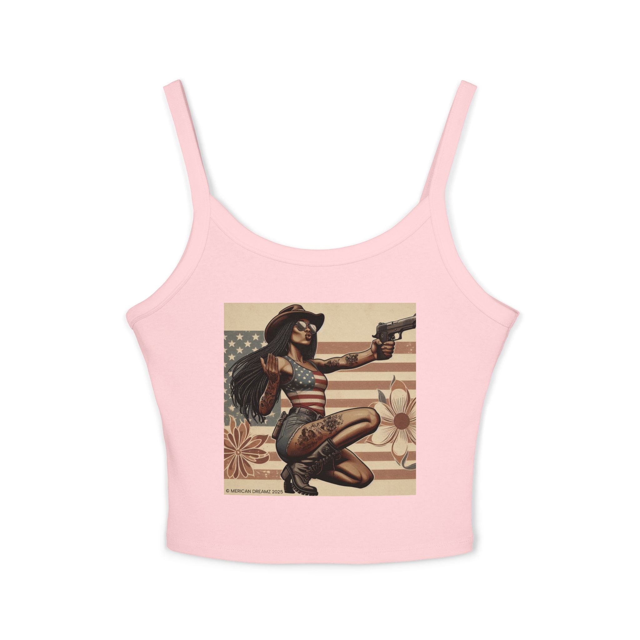 Retro Pinup Girl Tank Top — Vintage Flag & Floral Spaghetti Strap