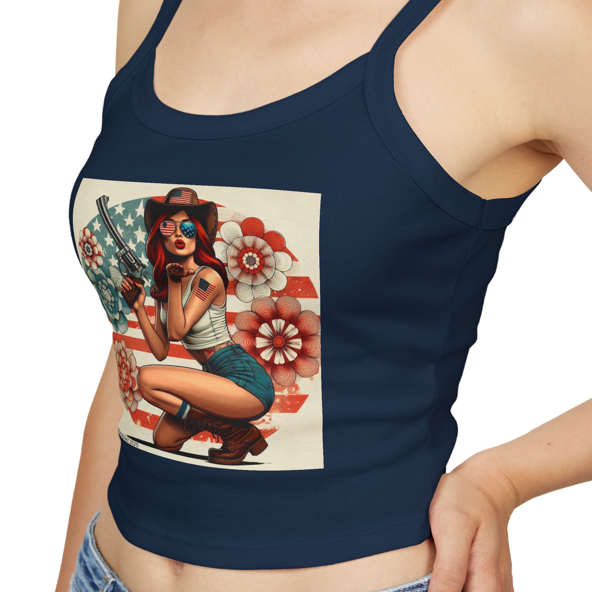 Retro Pinup Girl Tank Top — Vintage Flag & Floral Spaghetti Strap