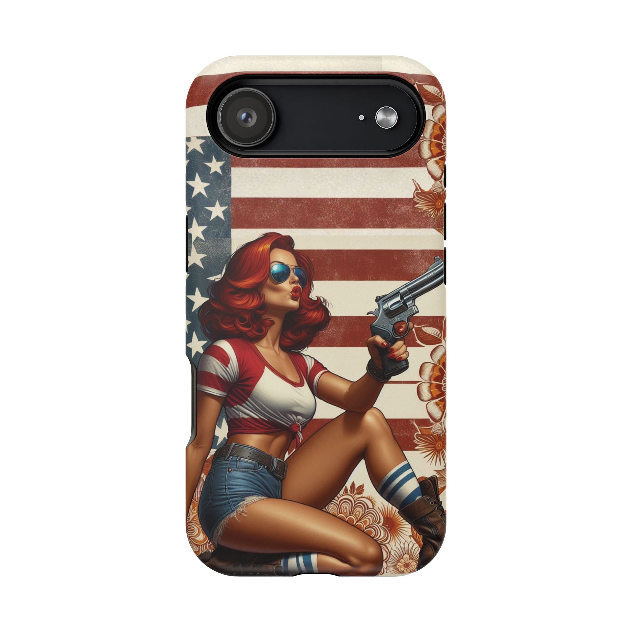 Americana .44 Magnum Pinup Girl - Magnetic Impact‑Resistant Phone Case  iPhone 13-17 / Samsung S26  MagSafe Compatible