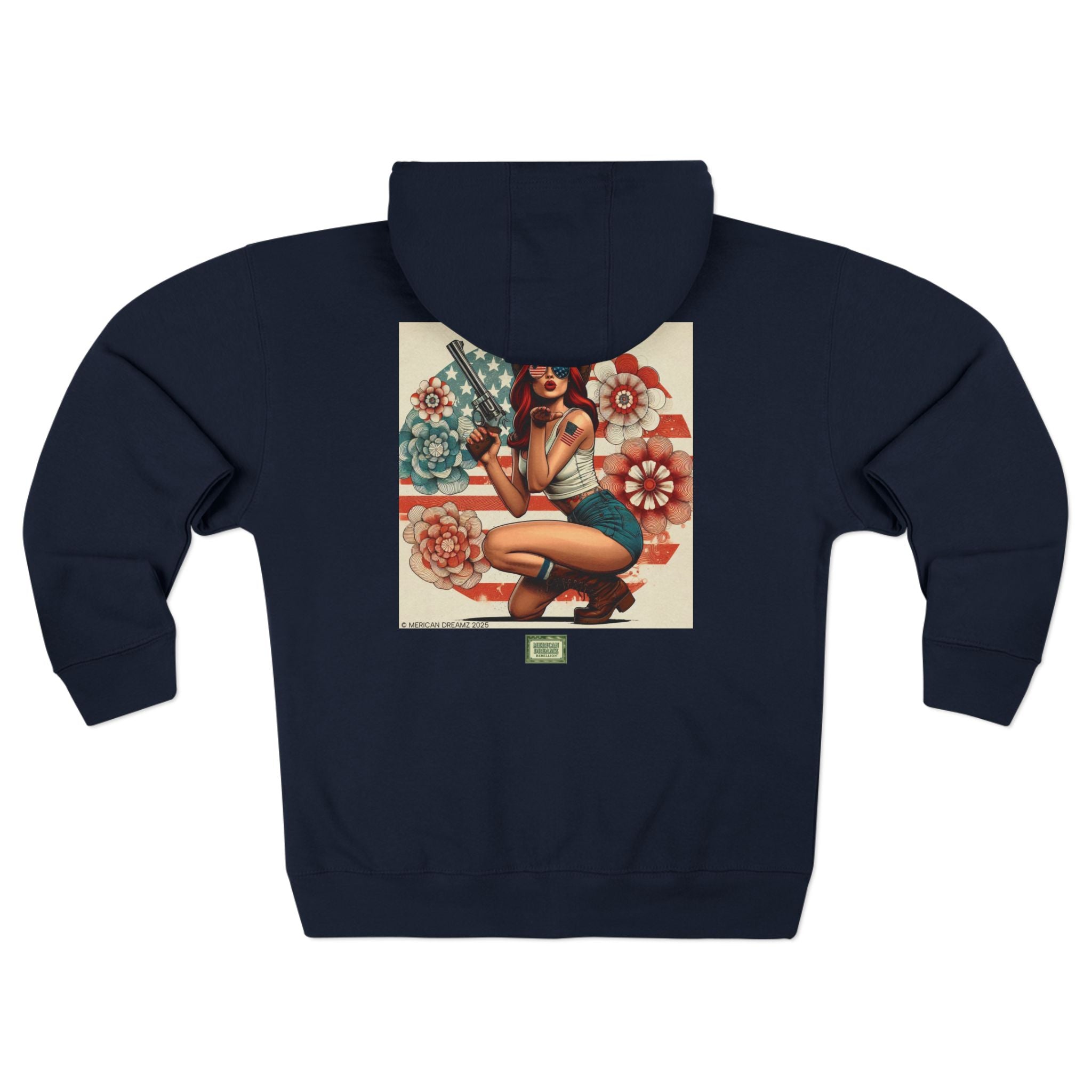 Americana Pinup Cowgirl with 44 Magnum Zip Hoodie — Retro Vintage Patriotic Graphic