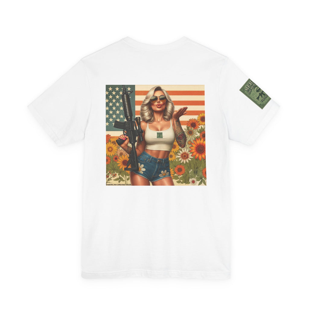 Graphic Short Sleeve Tee front and back — Retro Americana Pin-Up Girls with AR-15 Rifles