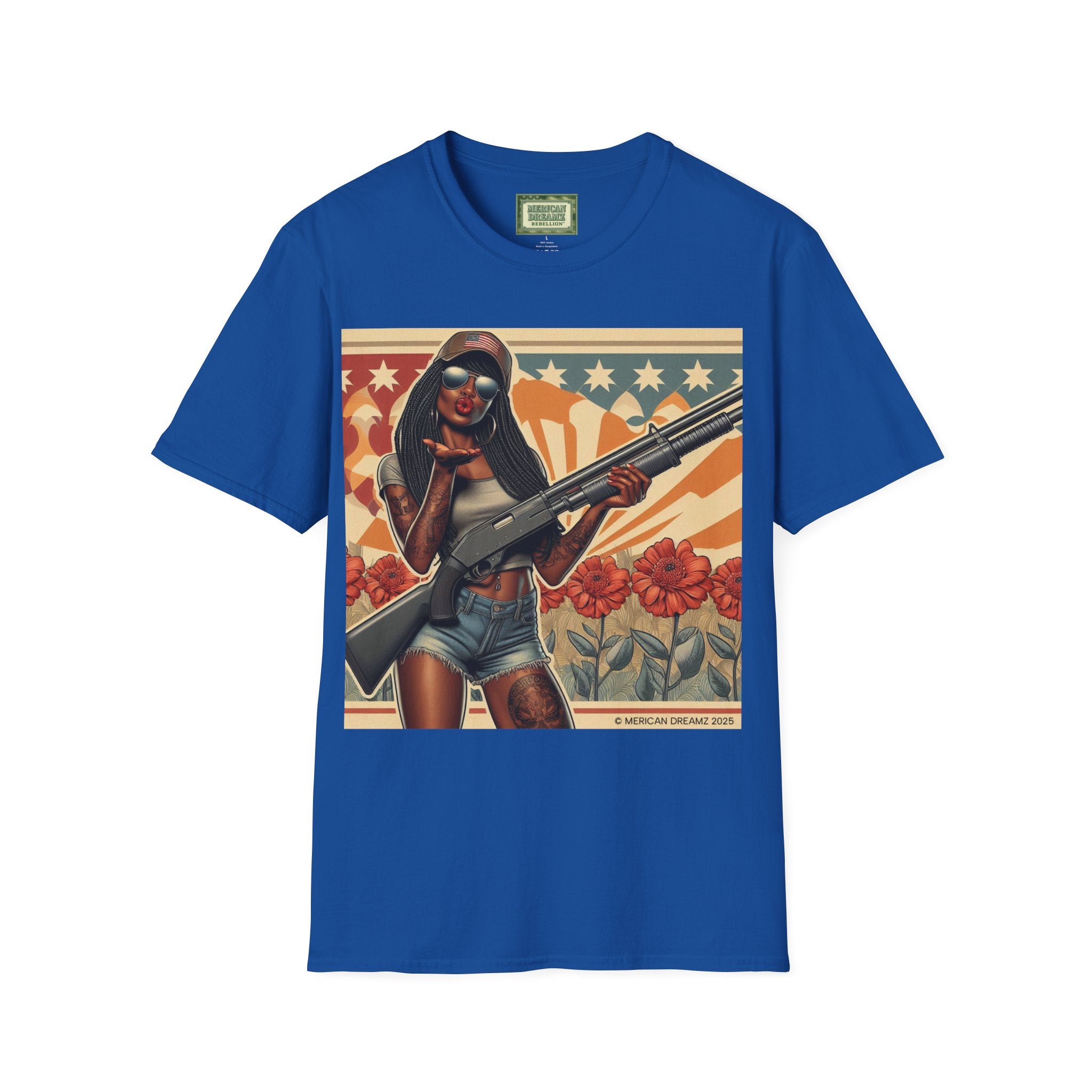 Graphic T-Shirt — Patriotic Pinup Girl with Shotgun Vintage Flag Design (US Only)