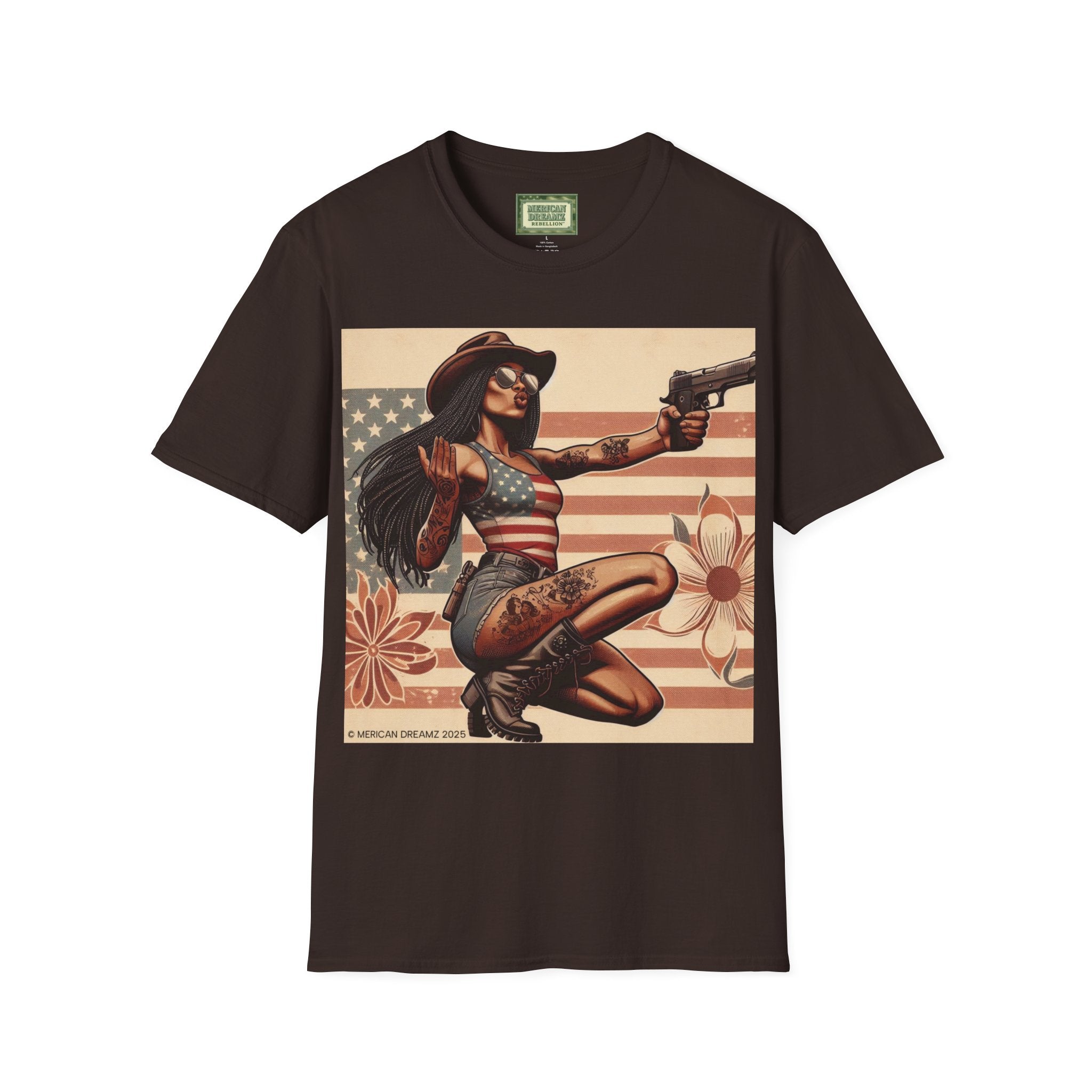 Pin-Up Americana T-Shirt — Retro Floral Gun Cowgirl Vintage Style (US Only)