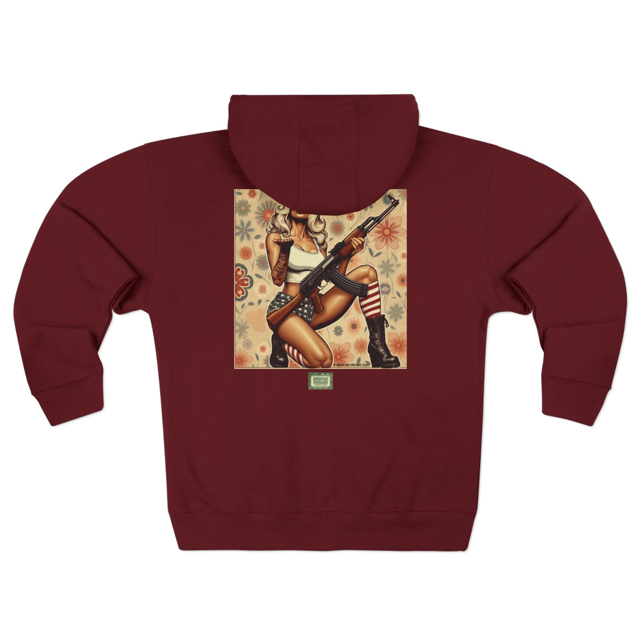 Americana Pinup girl with AK-47 Zip Hoodie — Retro Vintage Patriotic Graphic