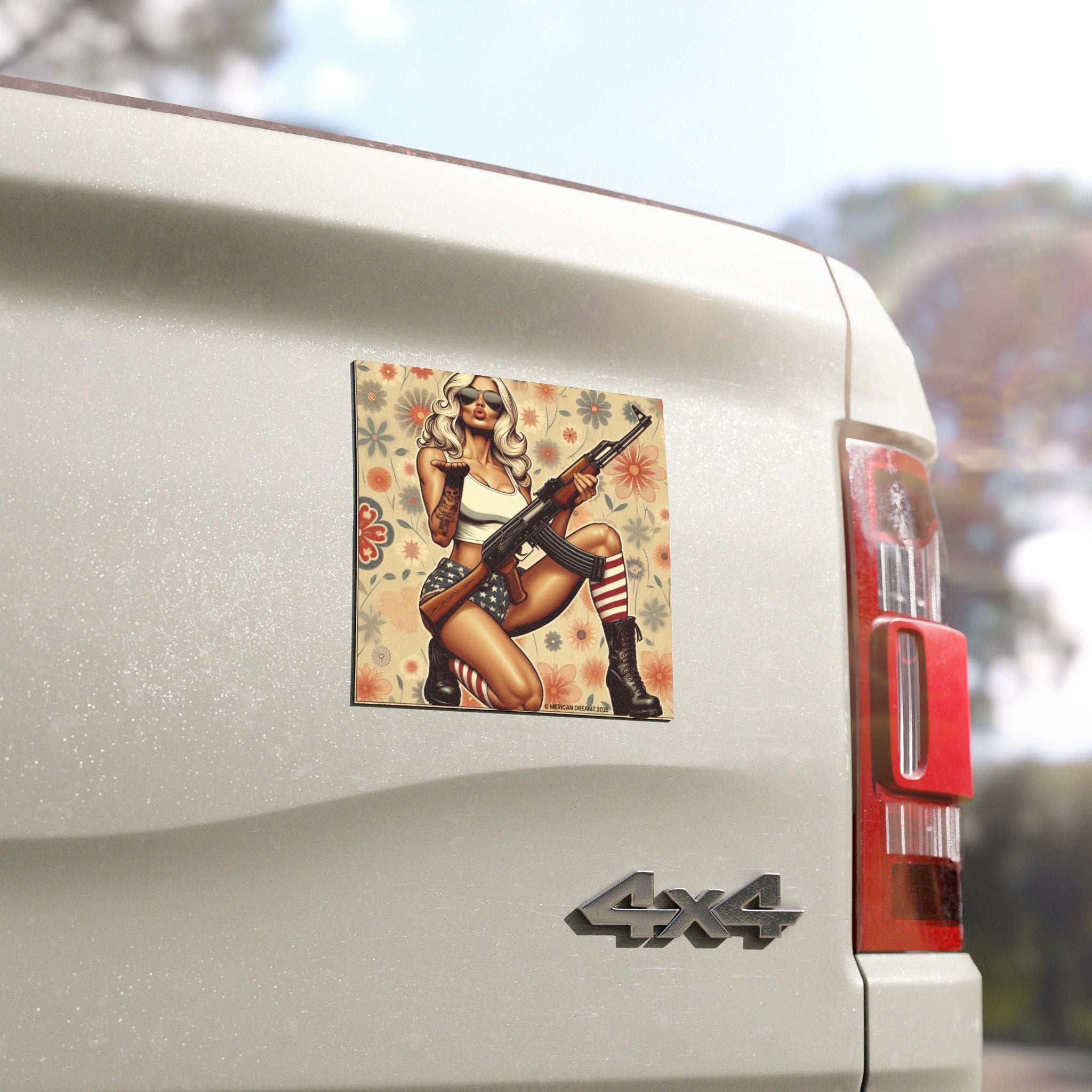 Car Magnet Patriotic Americana Cowgirl with Rifle | Square American Flag Vintage Floral