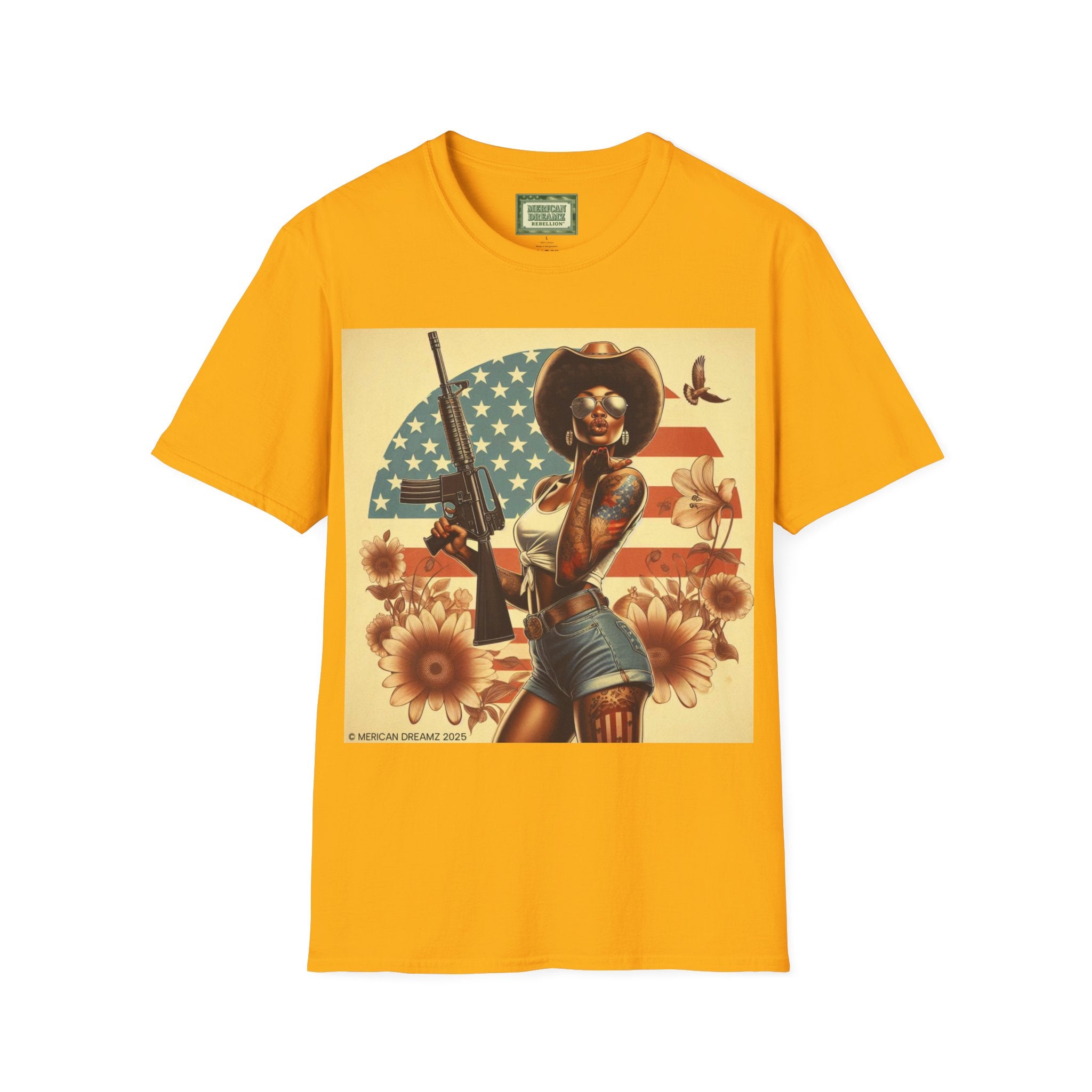 Pin-Up Americana T-Shirt — Retro Floral Gun Cowgirl Vintage Style (US Only)