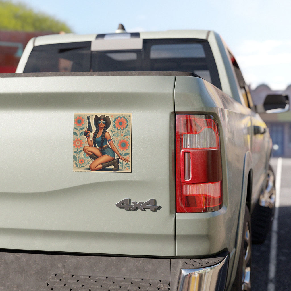 Car Magnet Patriotic Americana Cowgirl with Pistol | Square American Flag Vintage Floral