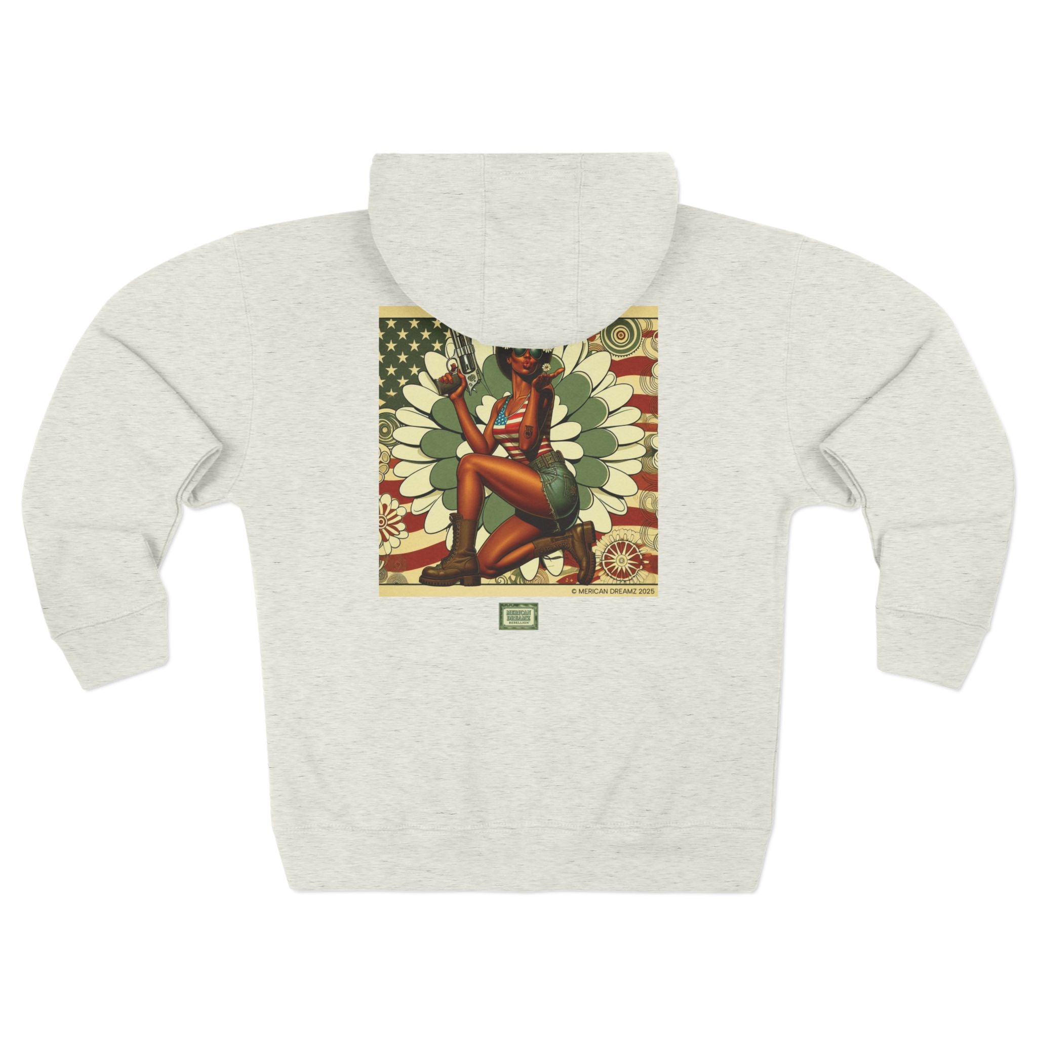 Americana Pinup Cowgirl with 44 Magnum Zip Hoodie — Retro Vintage Patriotic Graphic