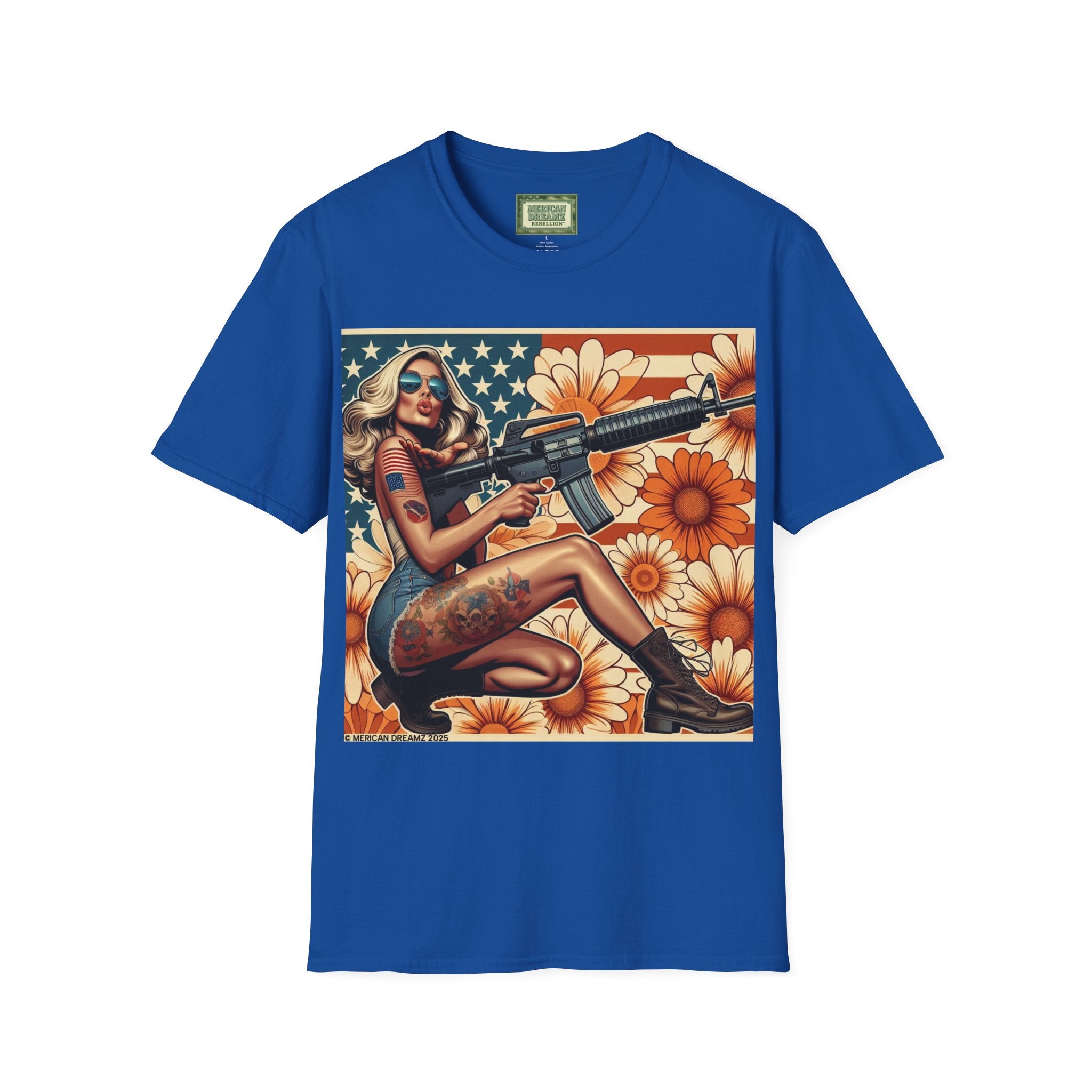 Graphic T-Shirt — Patriotic Pinup Girl with Rifle Vintage Flag Design (US Only)