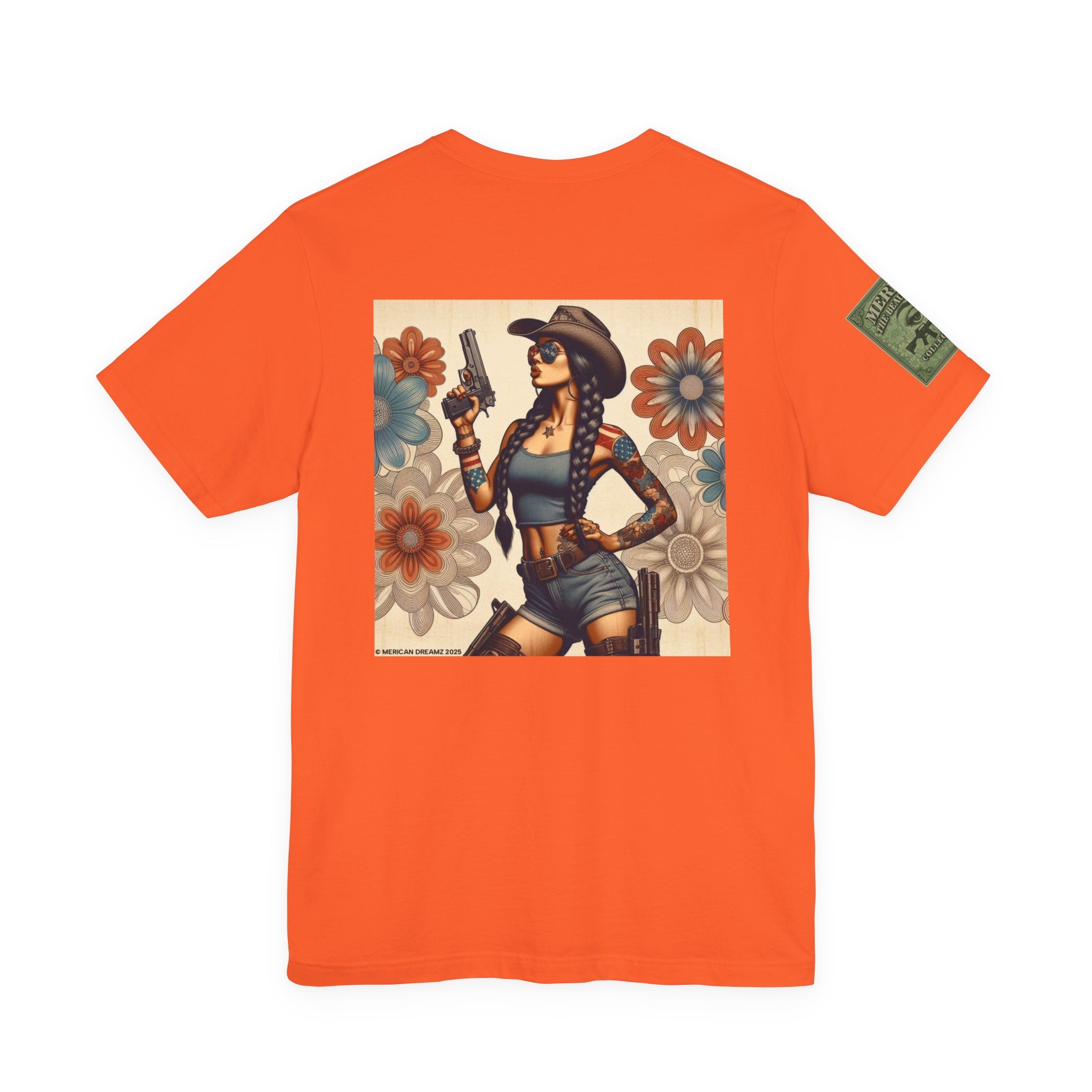 Graphic Short Sleeve Tee front and back — Retro Americana Pin-Up Cowgirls with 9mm Pistols