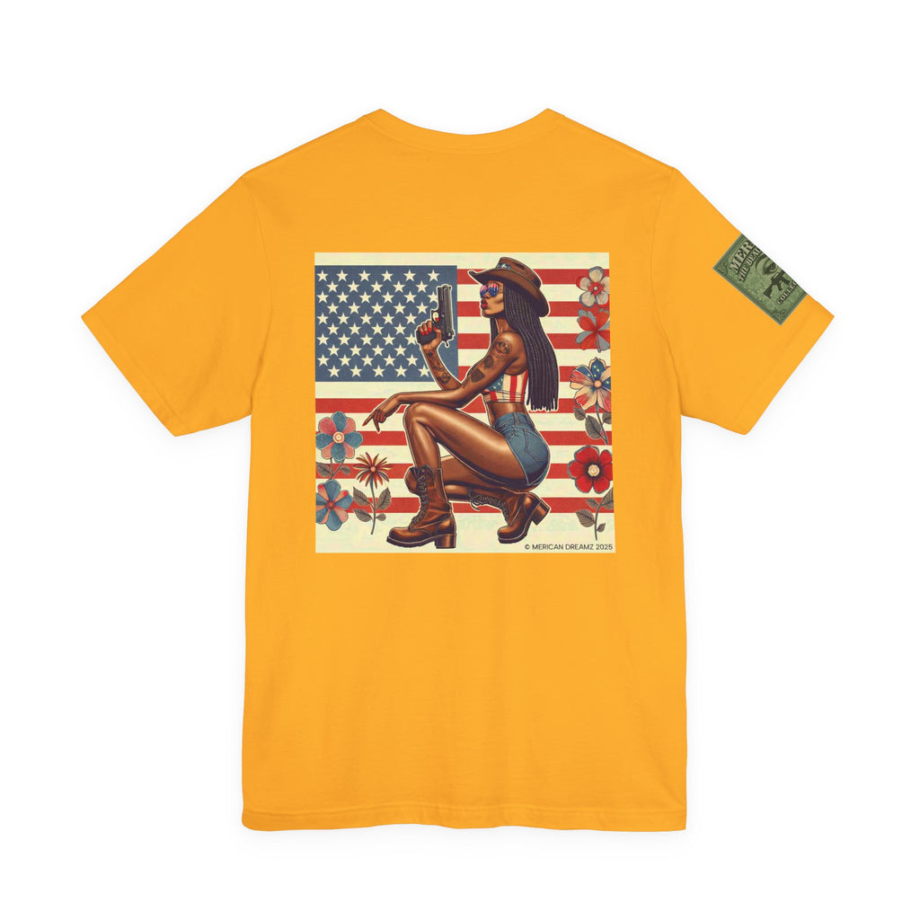 Graphic Short Sleeve Tee front and back — Retro Americana Pin-Up Cowgirls with 9mm Pistols