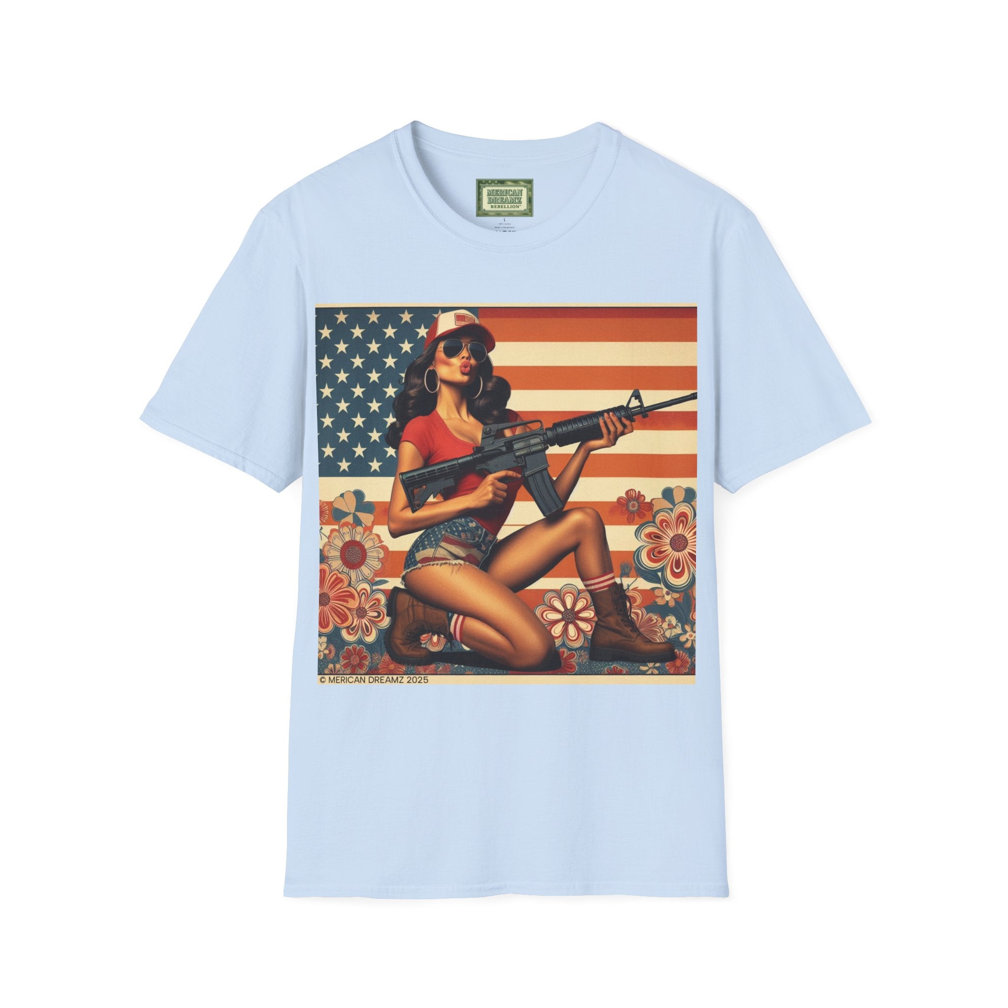 Graphic T-Shirt — Patriotic Pinup Girl with Rifle Vintage Flag Design (US Only)