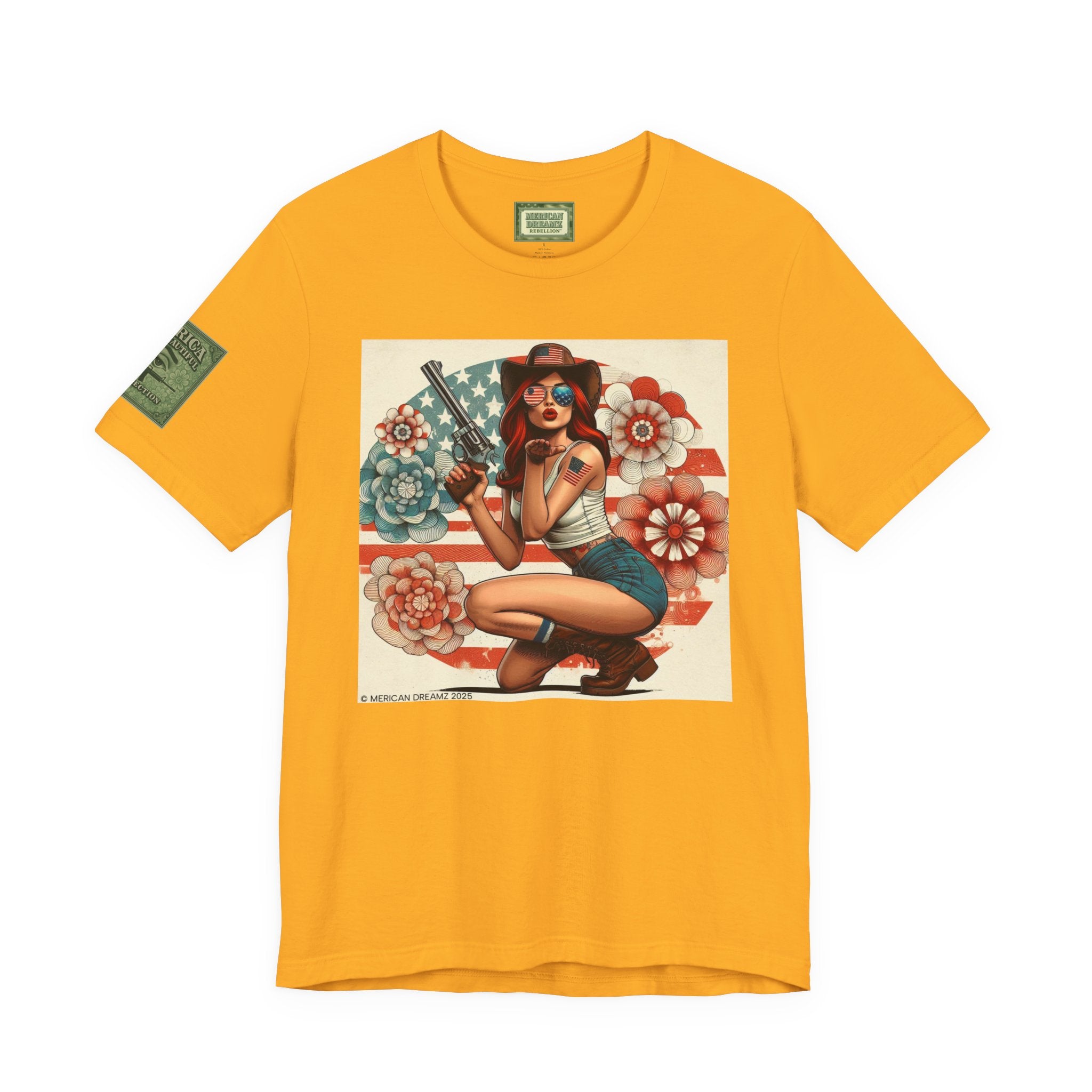 Graphic Short Sleeve Tee front and back — Retro Americana Pin-Up Cowgirls with .44 Magnum Revolvers