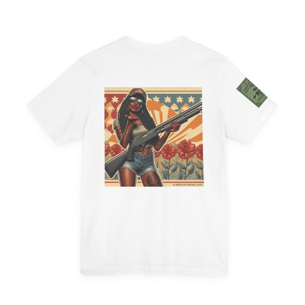 Graphic Short Sleeve Tee front and back — Retro Americana Pin-Up Cowgirls with 12 Gauge Shotguns