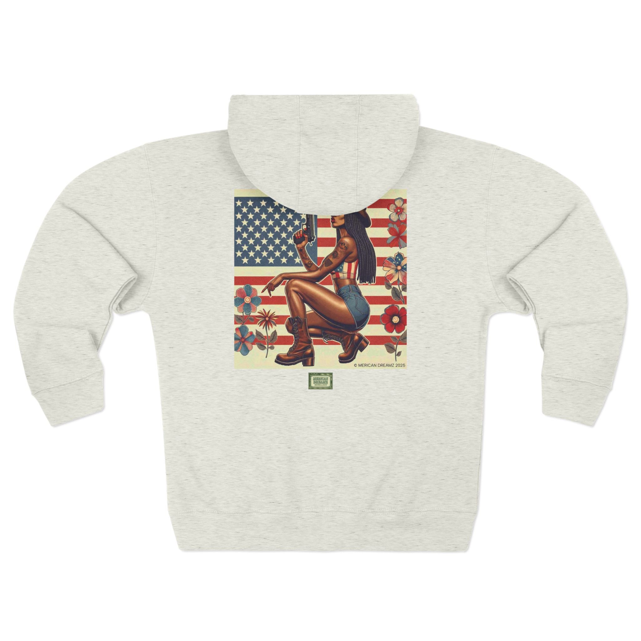 Americana Pinup Cowgirl with 9mm Zip Hoodie — Retro Vintage Patriotic Graphic