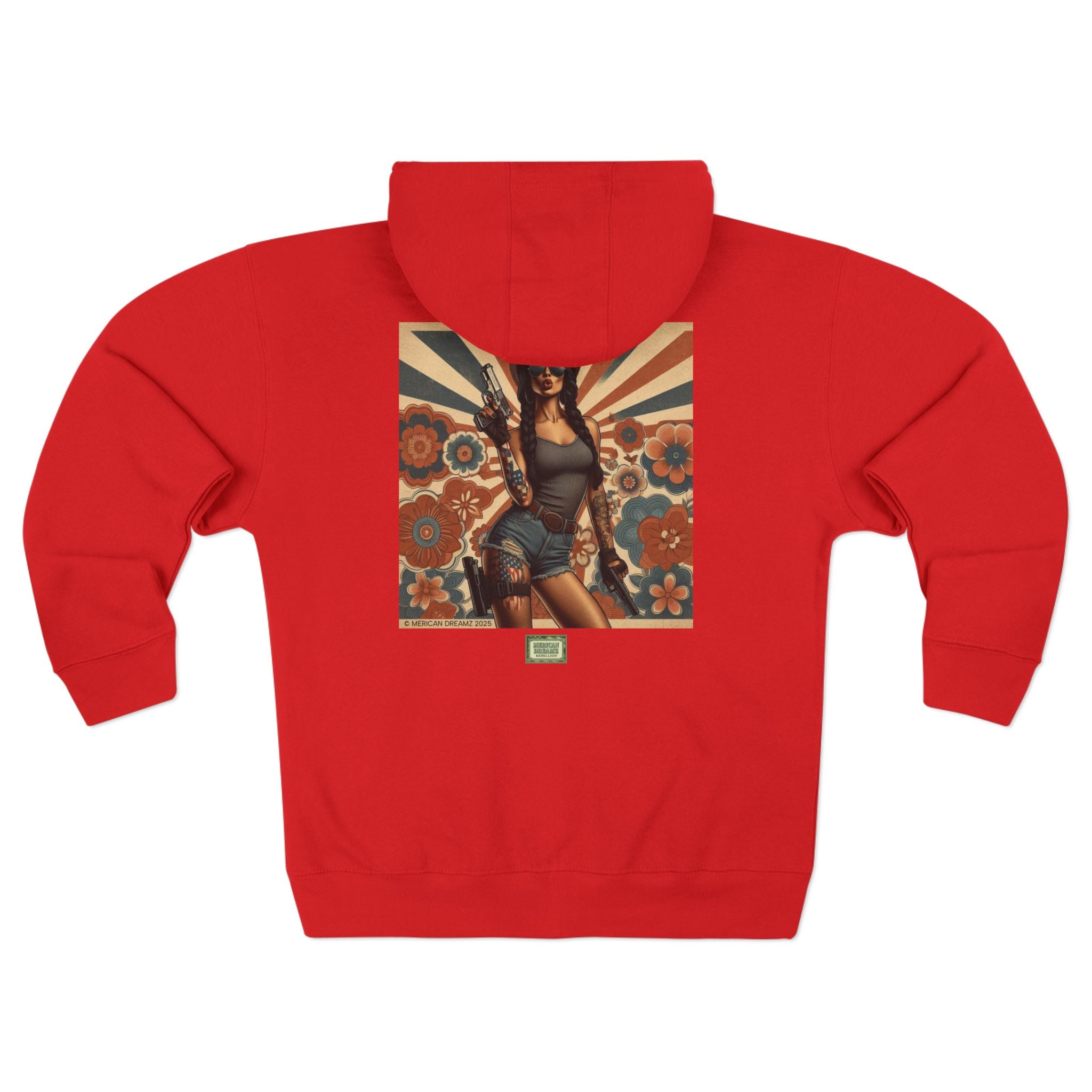 Americana Pinup Cowgirl with 9mm Zip Hoodie — Retro Vintage Patriotic Graphic