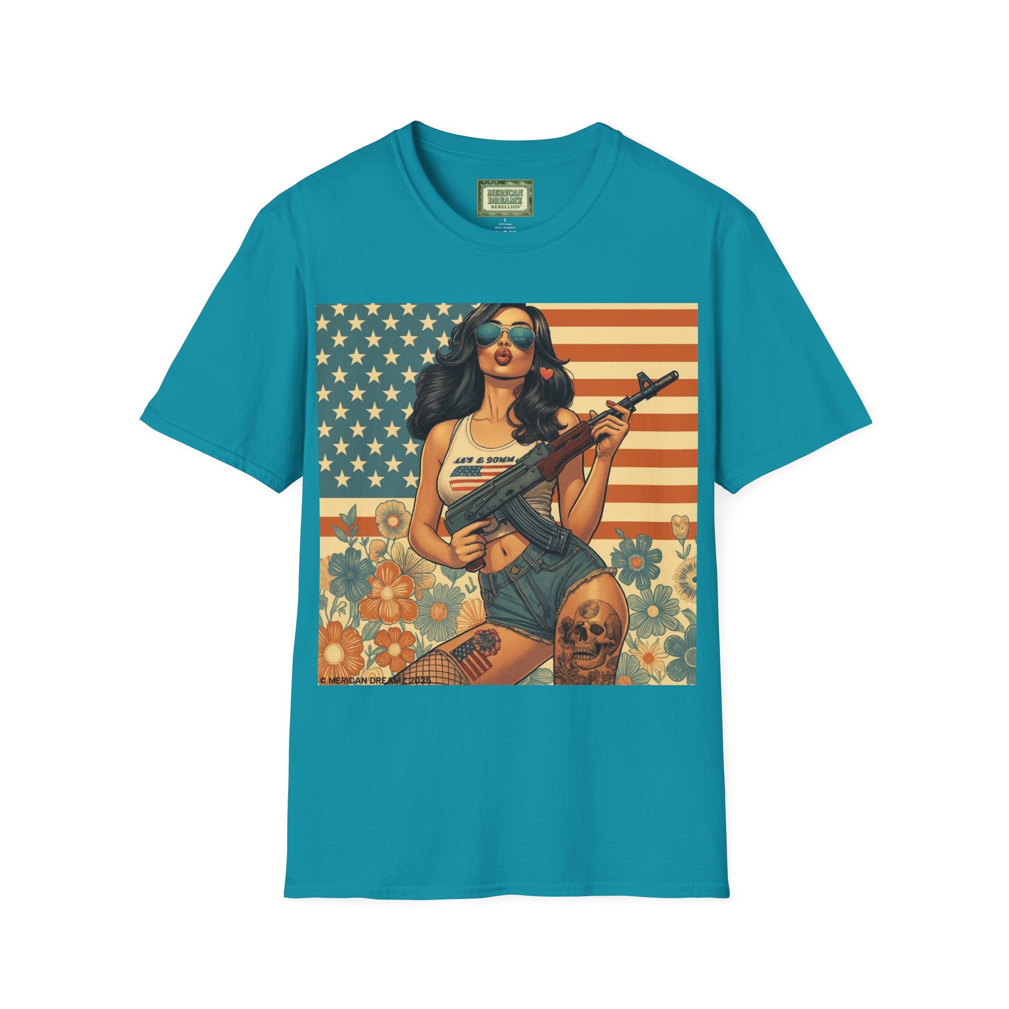 Graphic T-Shirt — Patriotic Pinup Girl with Rifle Vintage Flag Design (US Only)