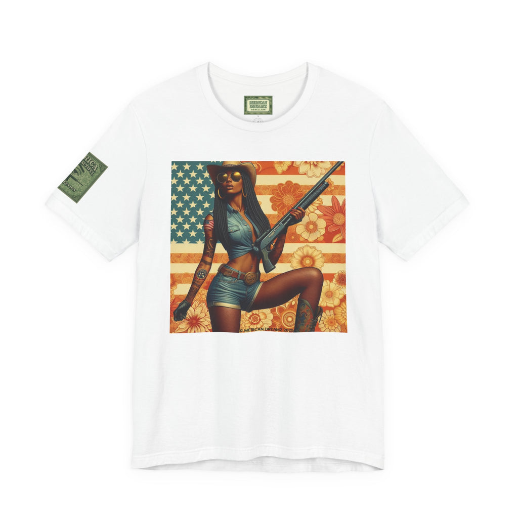 Graphic Short Sleeve Tee front and back — Retro Americana Pin-Up Cowgirls with 12 Gauge Shotguns