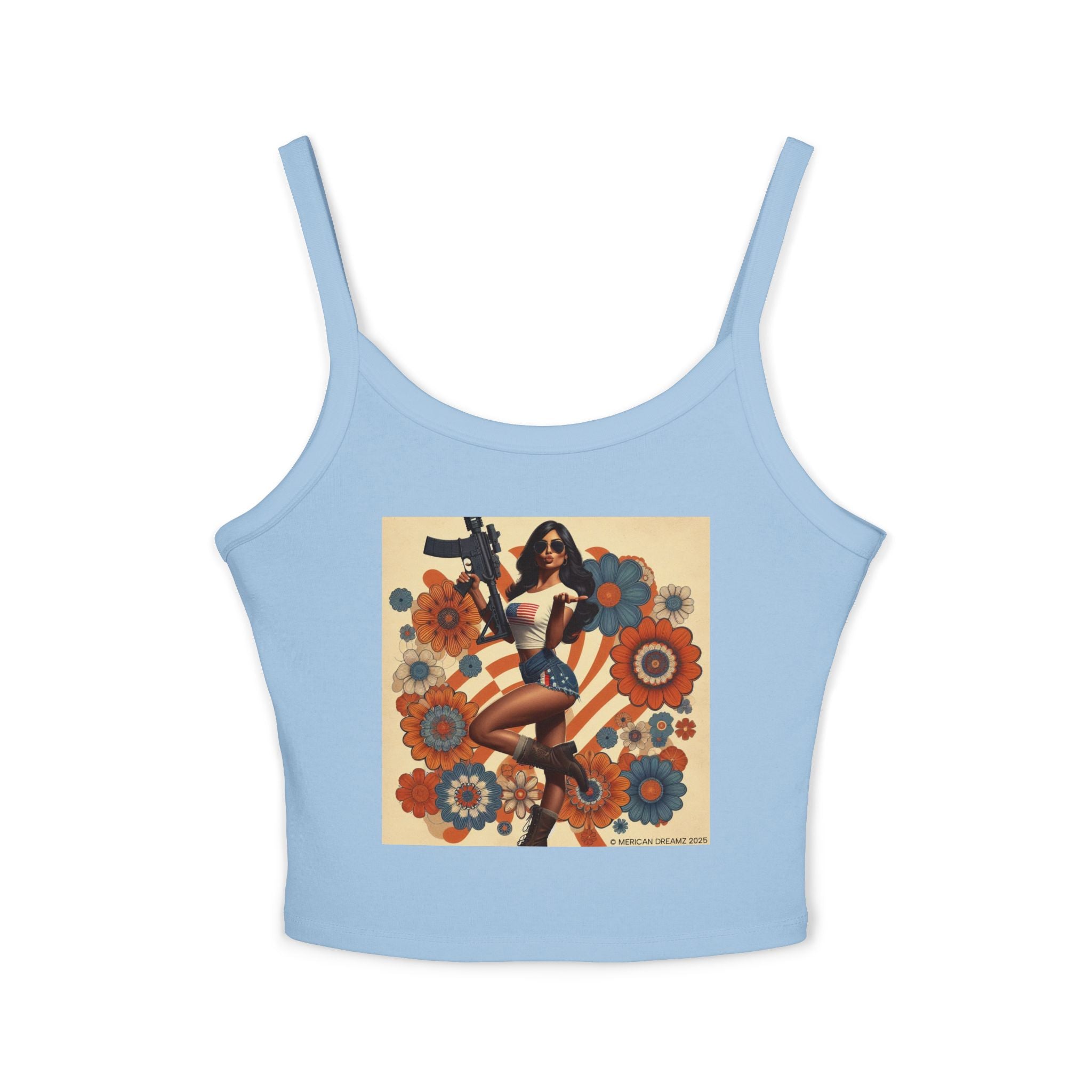 Retro Pinup Girl Tank Top — Vintage Flag & Floral Spaghetti Strap