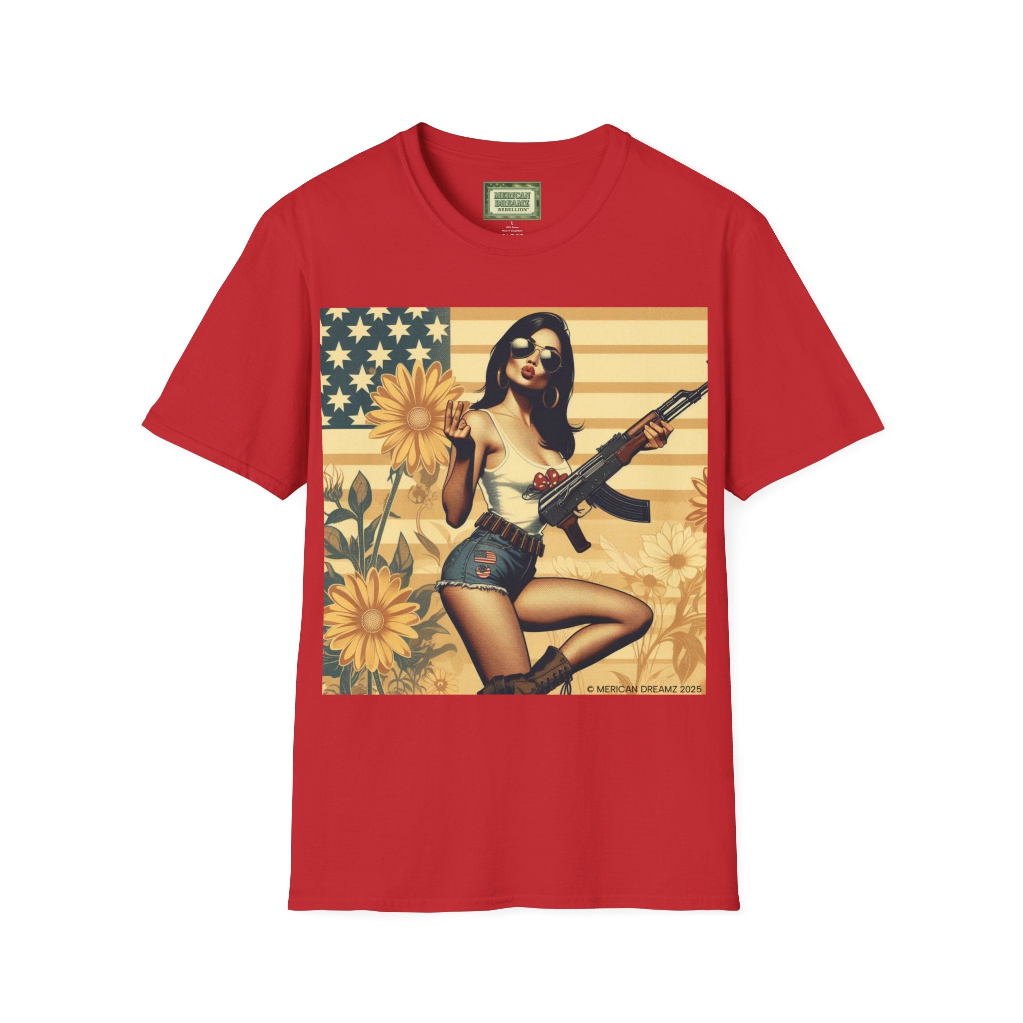 Graphic T-Shirt — Patriotic Pinup Girl with Rifle Vintage Flag Design (US Only)