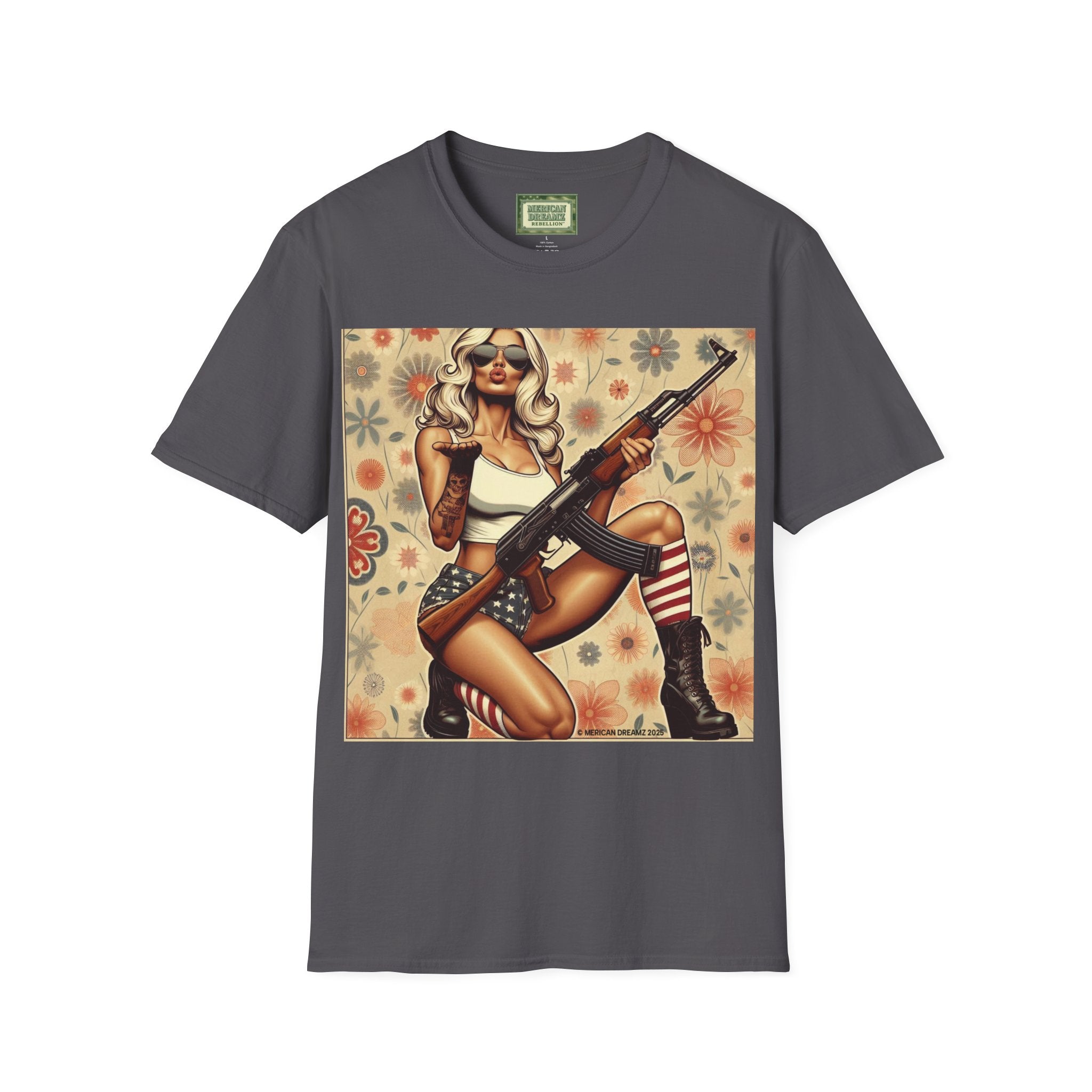 Graphic T-Shirt — Patriotic Pinup Girl with Rifle Vintage Flag Design (US Only)