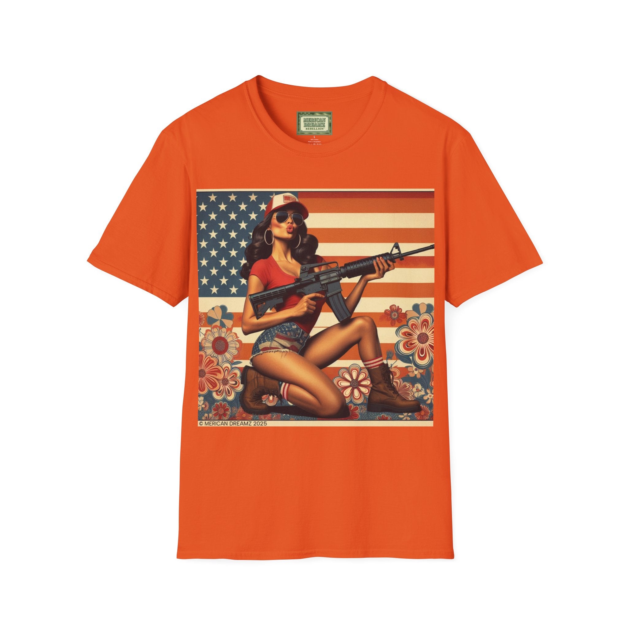 Graphic T-Shirt — Patriotic Pinup Girl with Rifle Vintage Flag Design (US Only)