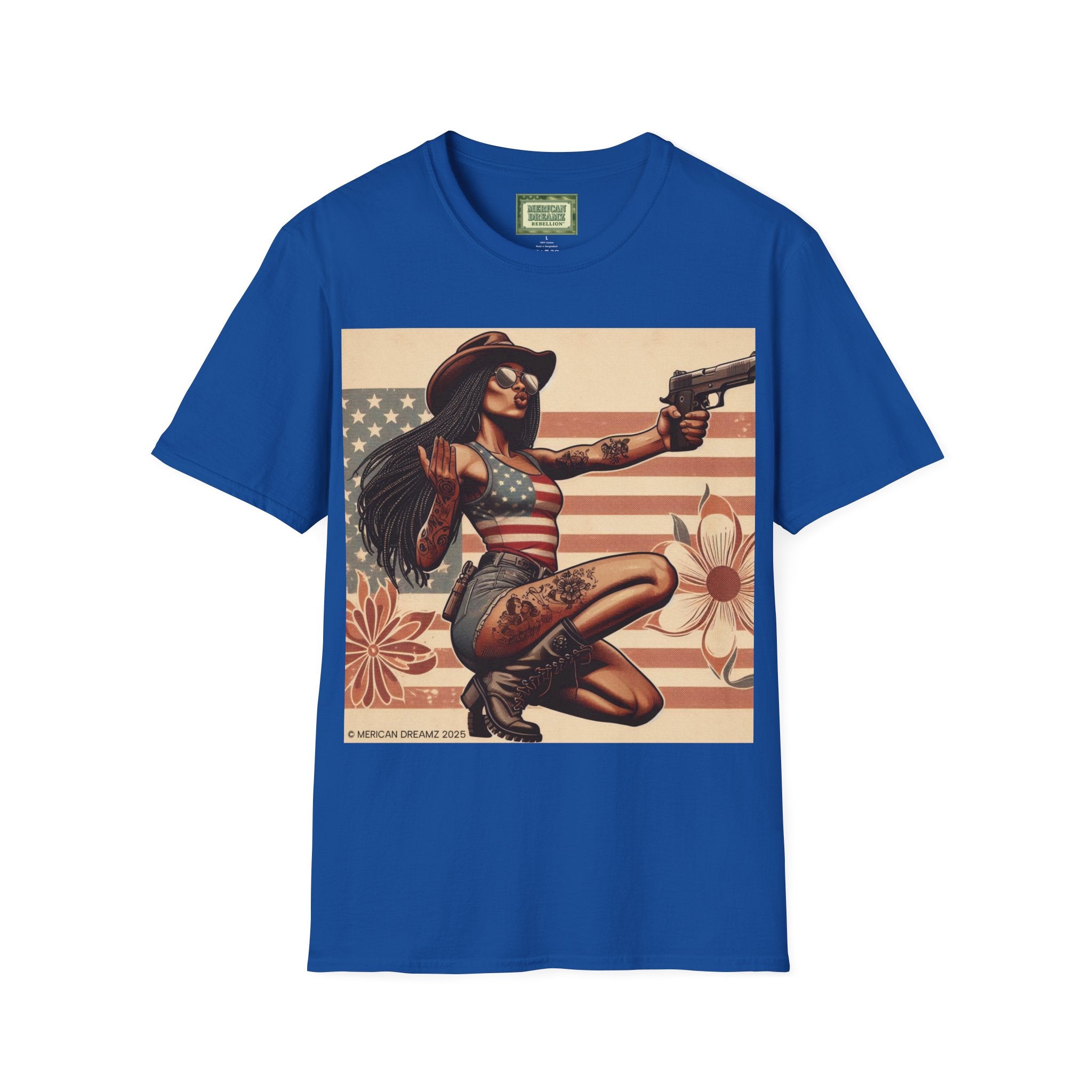 Pin-Up Americana T-Shirt — Retro Floral Gun Cowgirl Vintage Style (US Only)