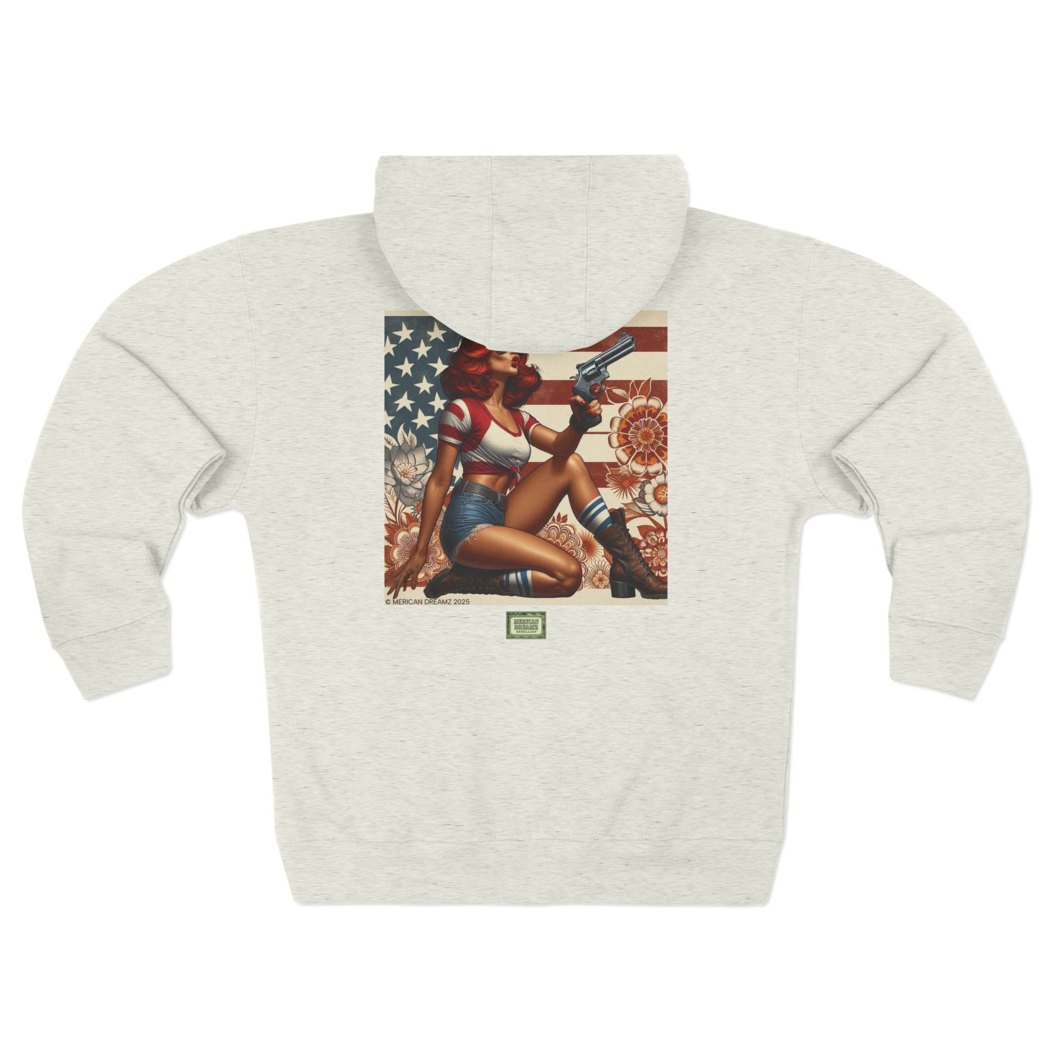 Americana Pinup Cowgirl with 44 Magnum Zip Hoodie — Retro Vintage Patriotic Graphic