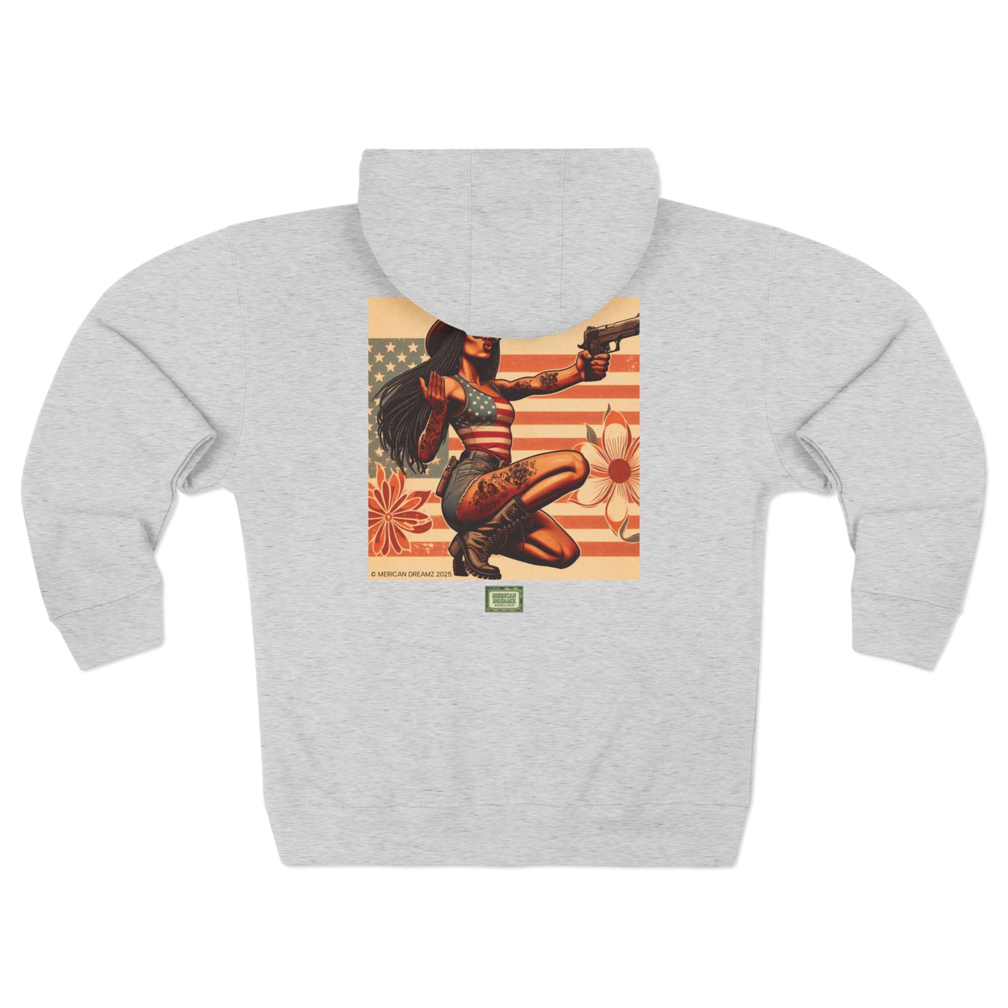 Americana Pinup Cowgirl with 9mm Zip Hoodie — Retro Vintage Patriotic Graphic