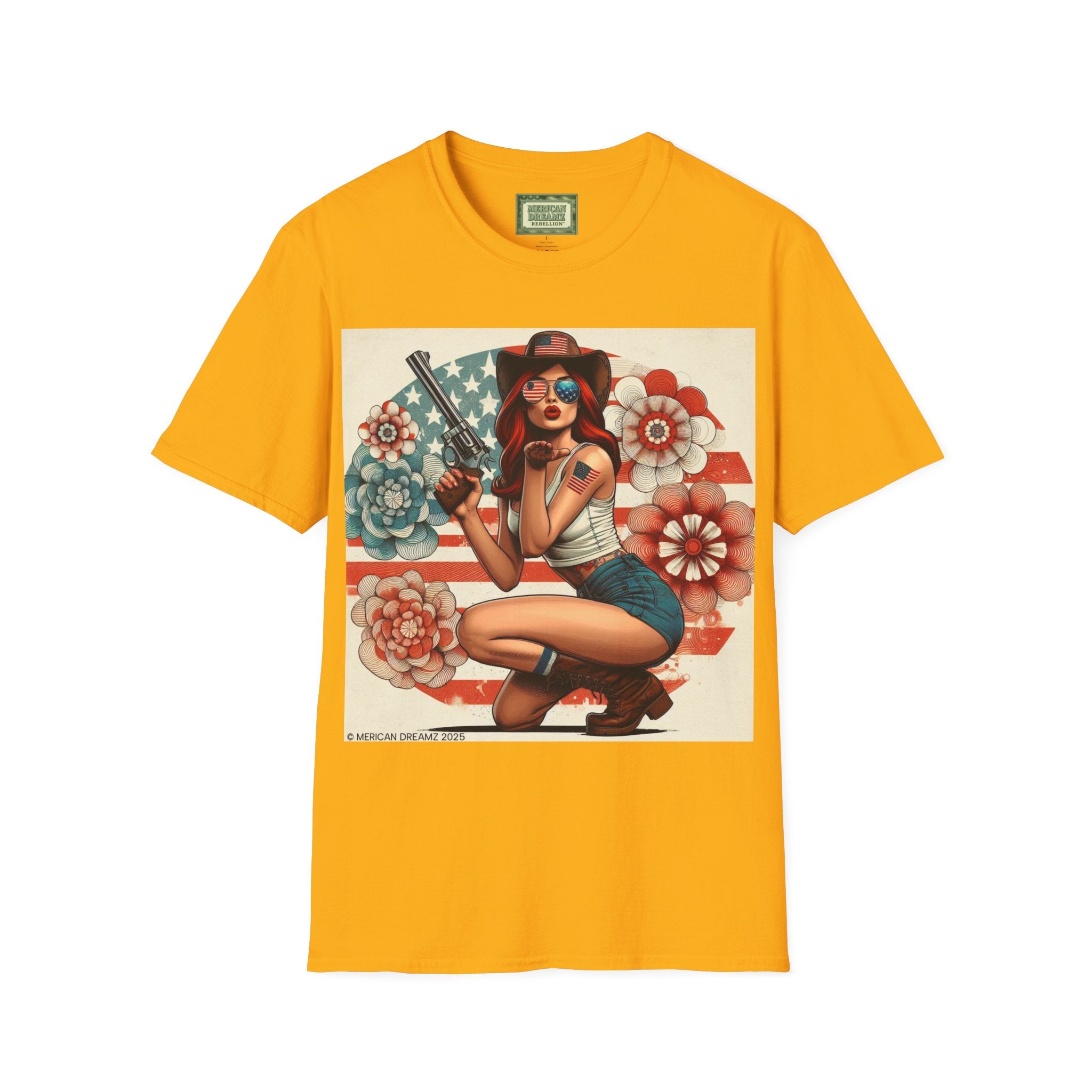 Pin-Up Americana T-Shirt — Retro Floral Gun Cowgirl Vintage Style (US Only)