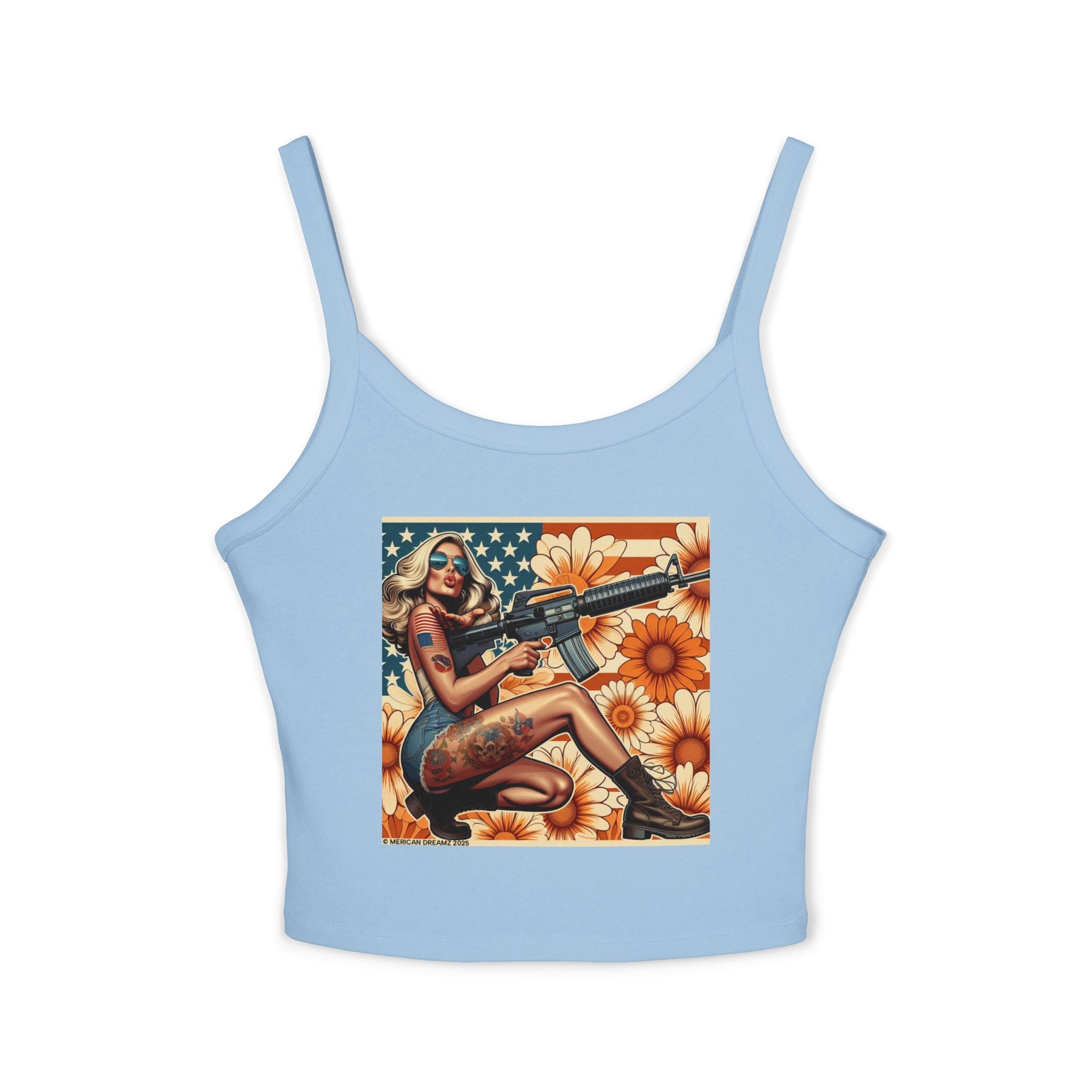 Retro Pinup Girl Tank Top — Vintage Flag & Floral Spaghetti Strap