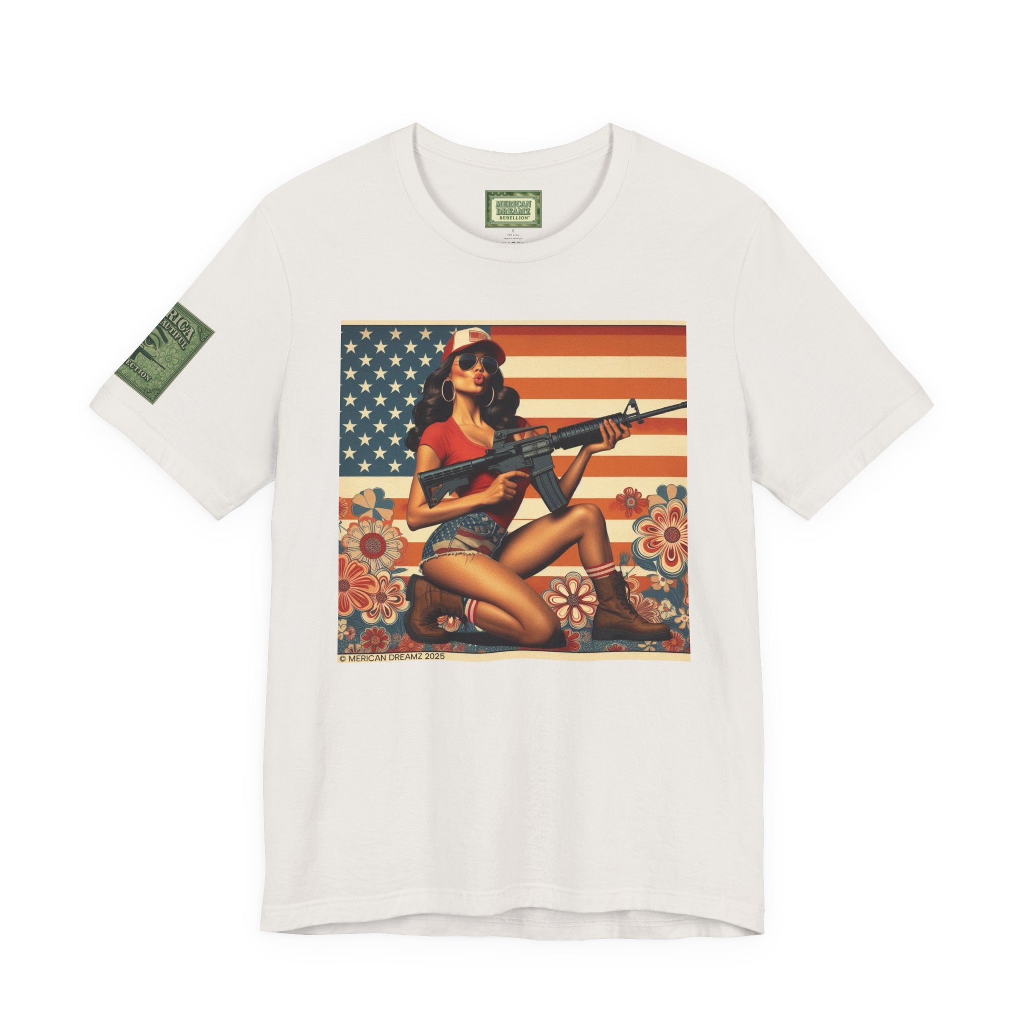 Graphic Short Sleeve Tee front and back — Retro Americana Pin-Up Girls with AR-15 Rifles