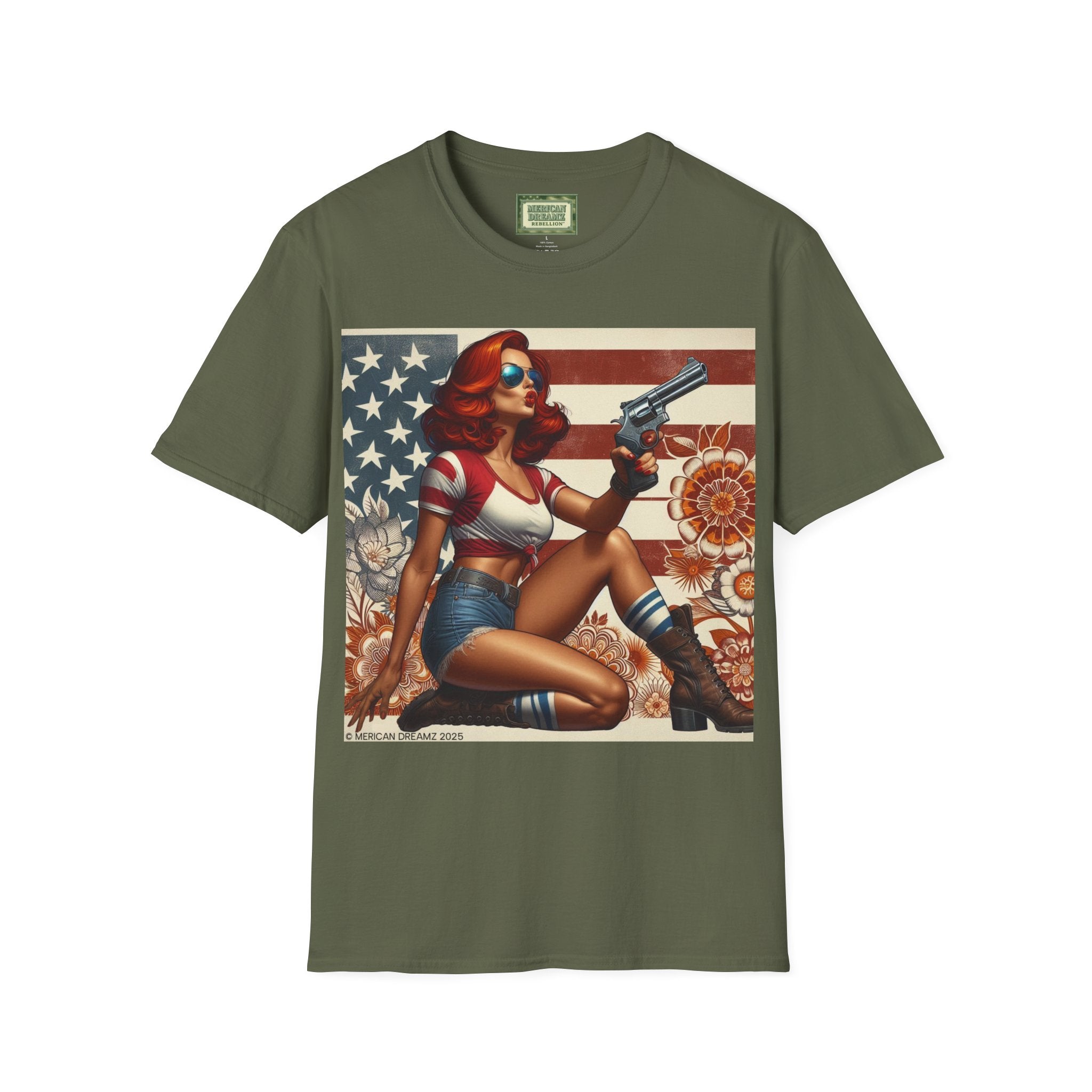 Graphic T-Shirt — Patriotic Pinup Girl with Rifle Vintage Flag Design (US Only)