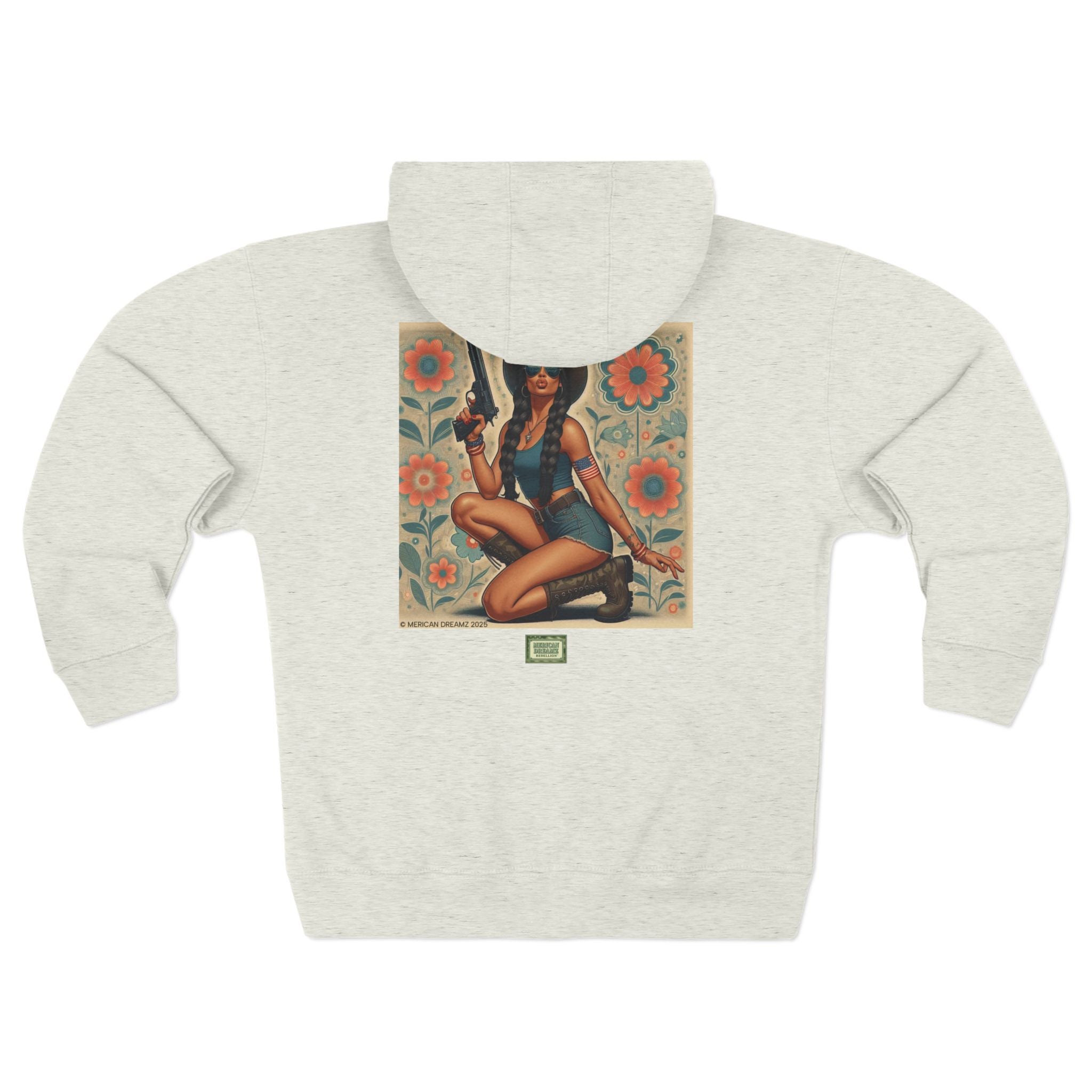 Americana Pinup Cowgirl with 9mm Zip Hoodie — Retro Vintage Patriotic Graphic