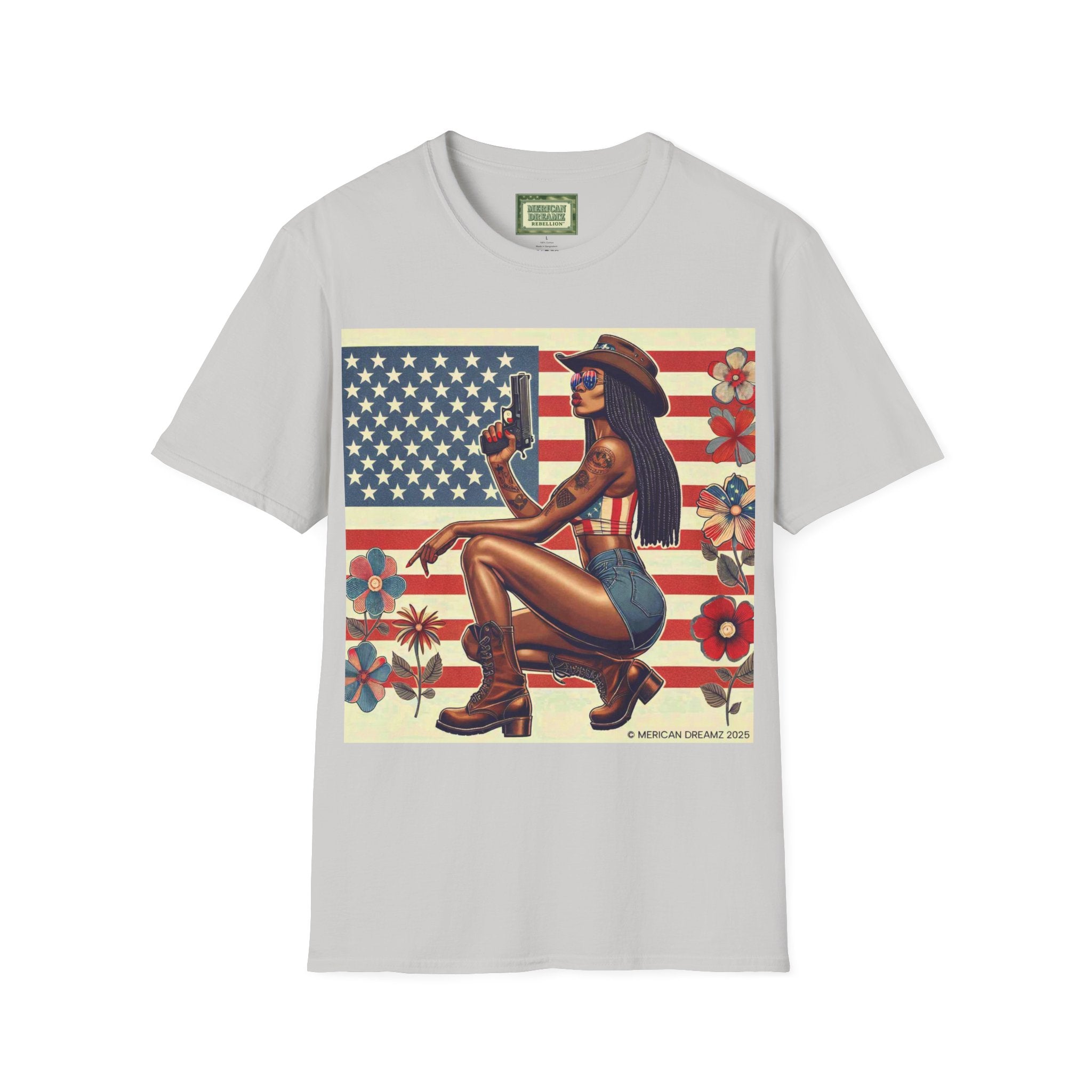 Pin-Up Americana T-Shirt — Retro Floral Gun Cowgirl Vintage Style (US Only)