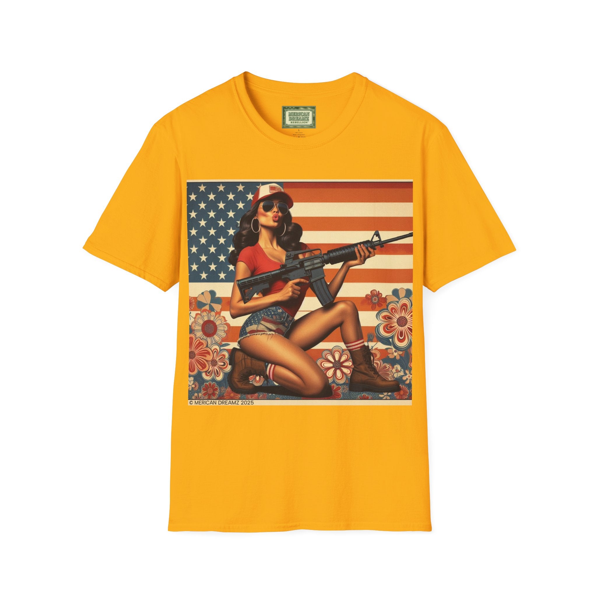 Graphic T-Shirt — Patriotic Pinup Girl with Rifle Vintage Flag Design (US Only)