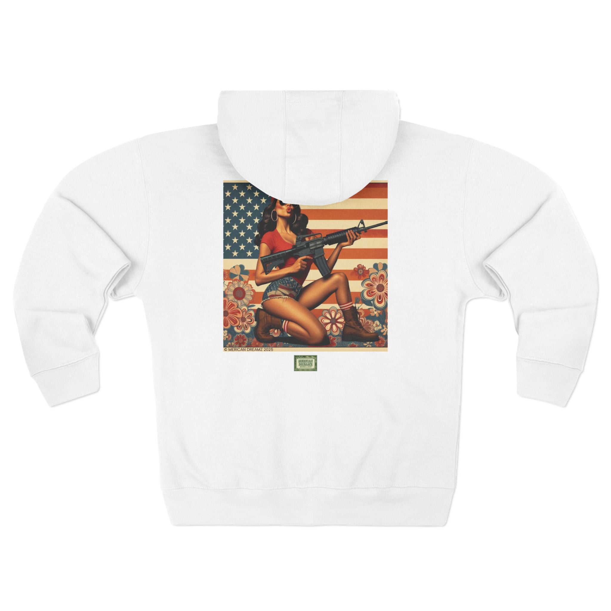 Americana Pinup girl with AR-15 Zip Hoodie — Retro Vintage Patriotic Graphic