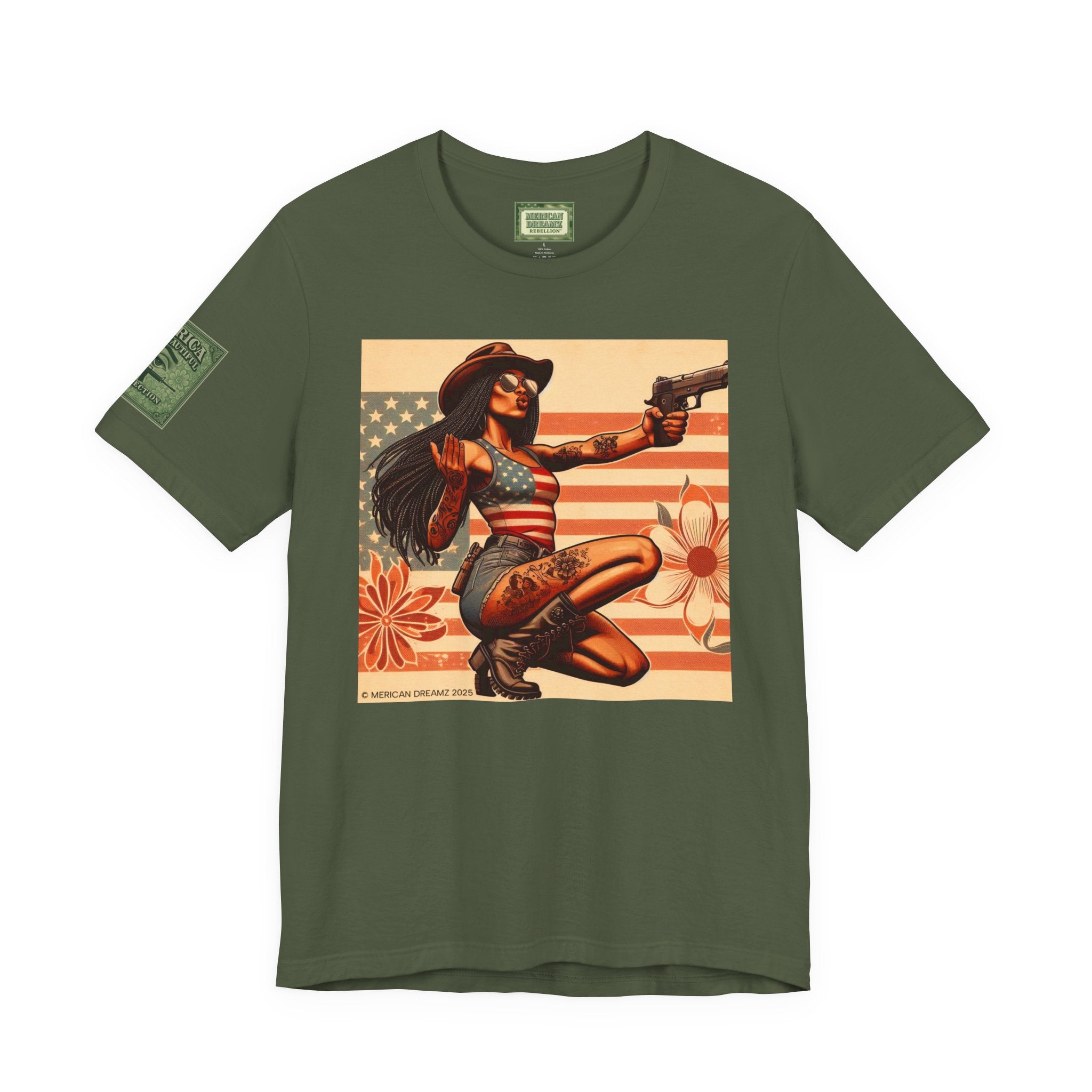 Graphic Short Sleeve Tee front and back — Retro Americana Pin-Up Cowgirls with 9mm Pistols