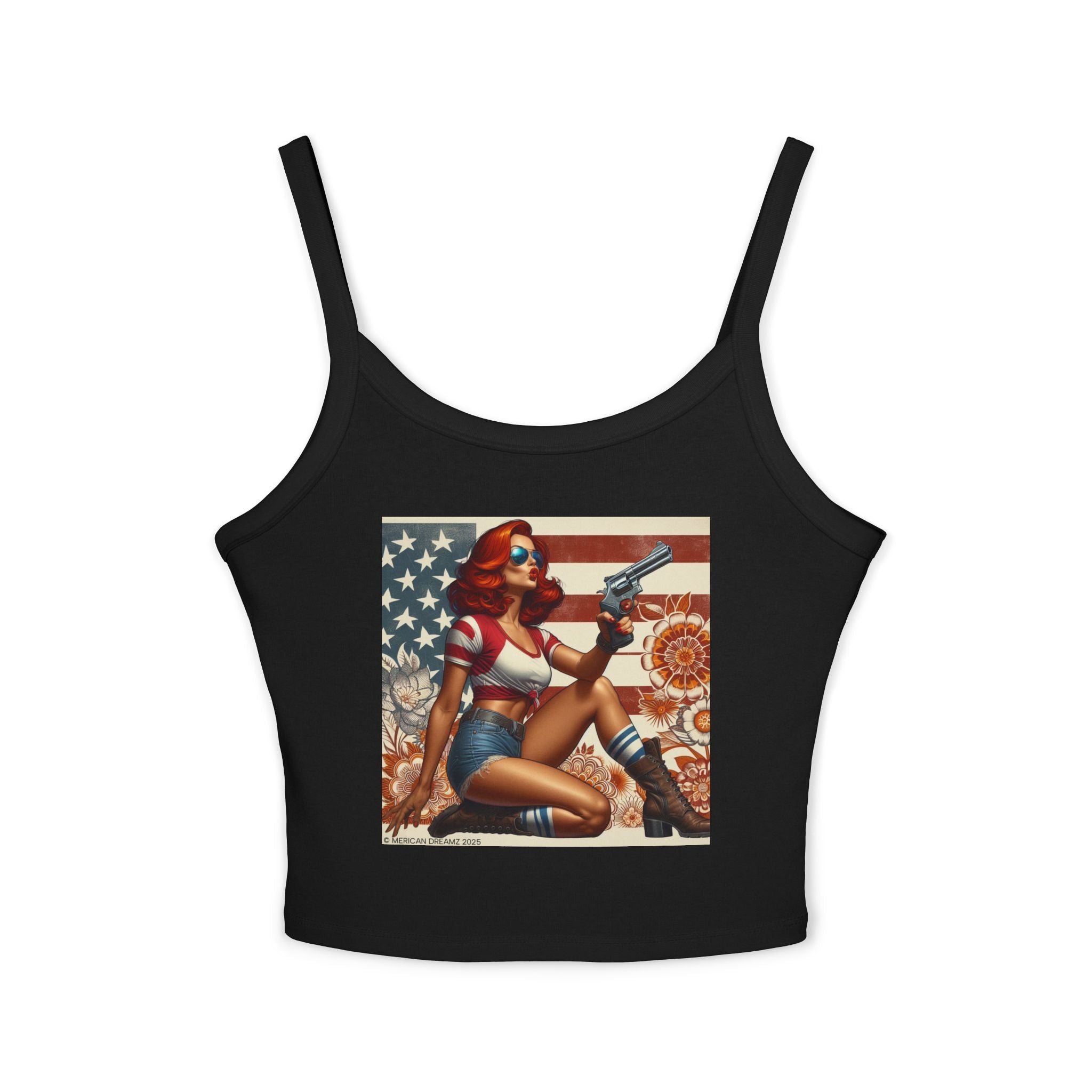 Retro Pinup Girl Tank Top — Vintage Flag & Floral Spaghetti Strap