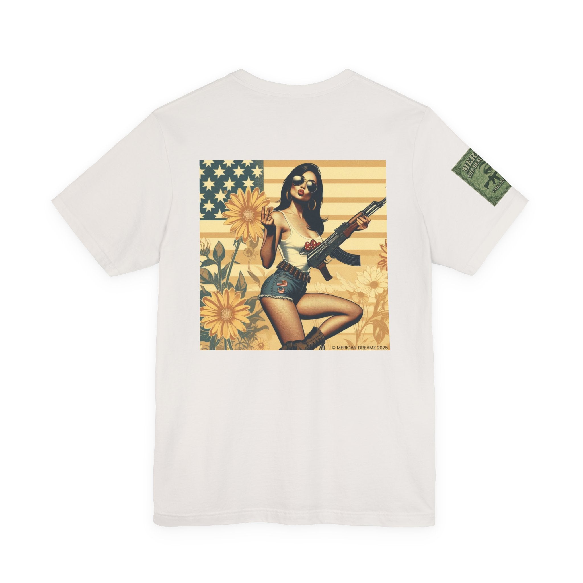 Graphic Short Sleeve Tee front and back — Retro Americana Pin-Up Girls with AK-47 Rifles