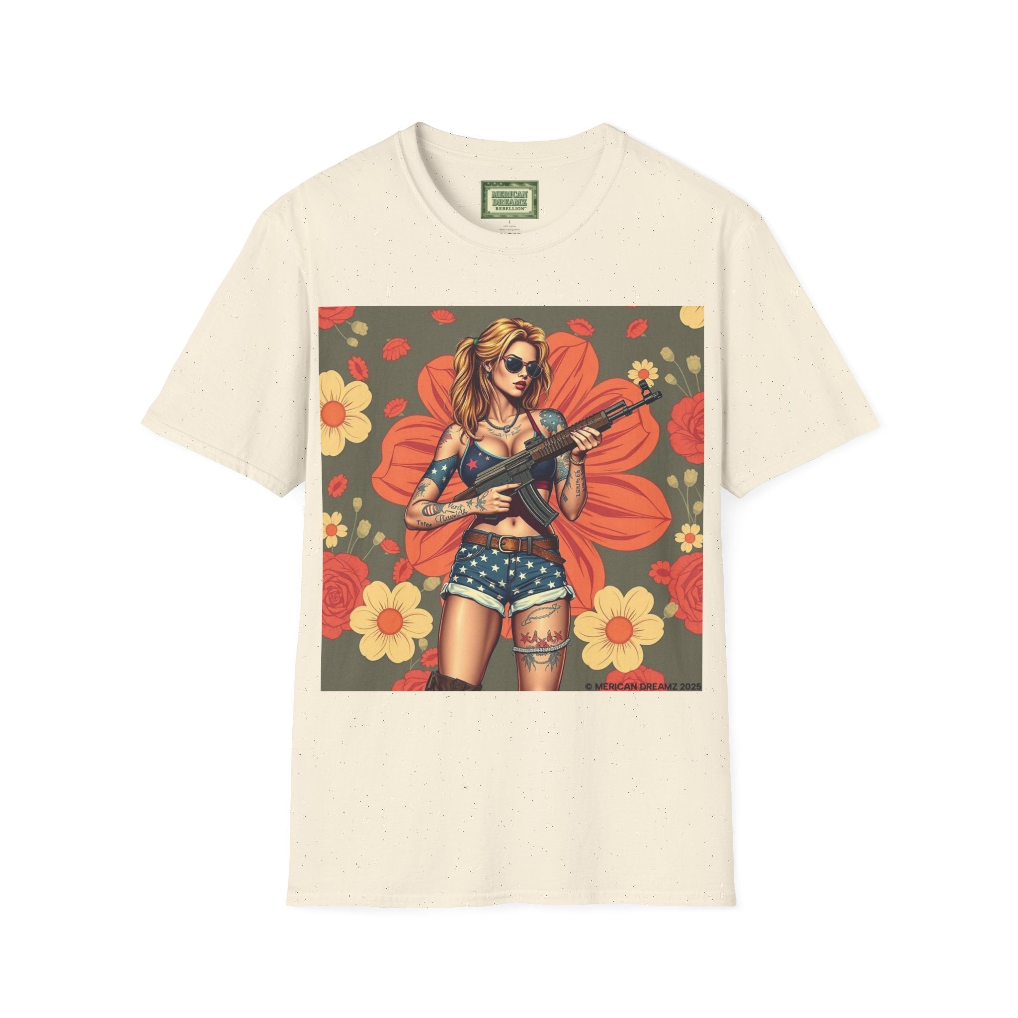Graphic T-Shirt — Patriotic Pinup Girl with Rifle Vintage Flag Design (US Only)