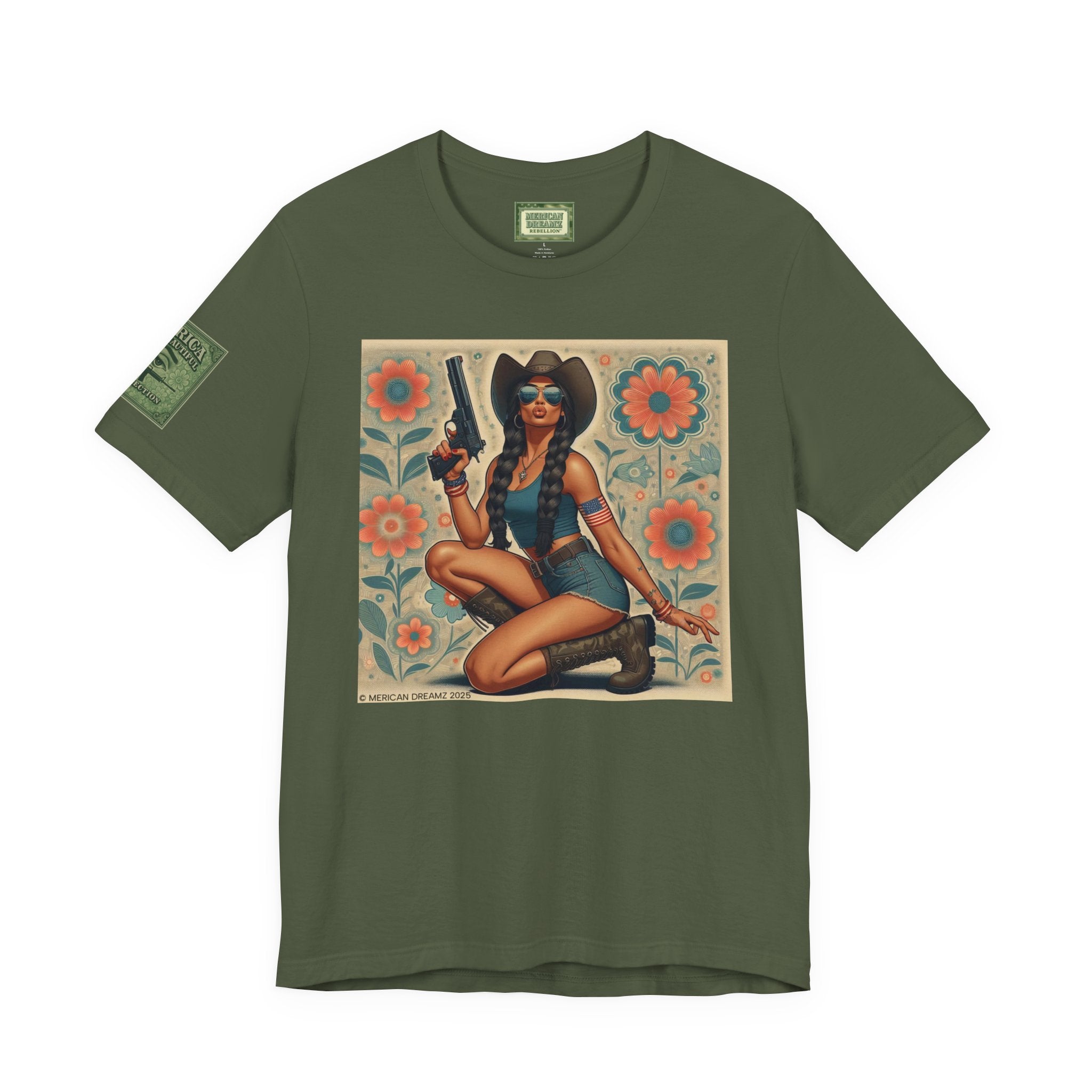 Graphic Short Sleeve Tee front and back — Retro Americana Pin-Up Cowgirls with 9mm Pistols