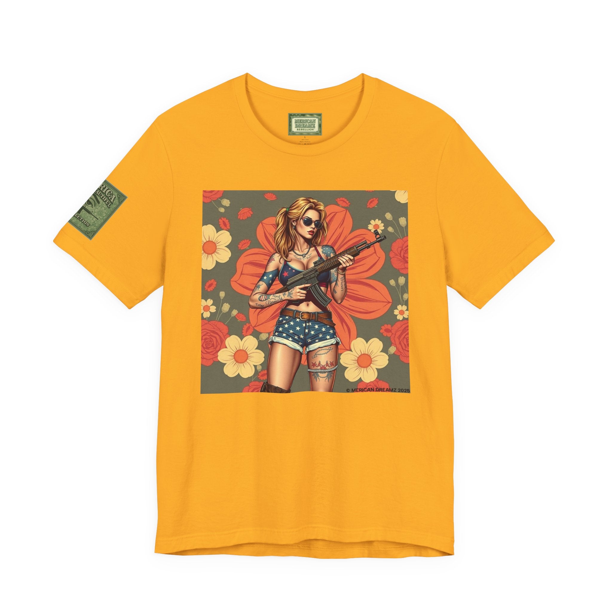 Graphic Short Sleeve Tee front and back — Retro Americana Pin-Up Girls with AK-47 Rifles