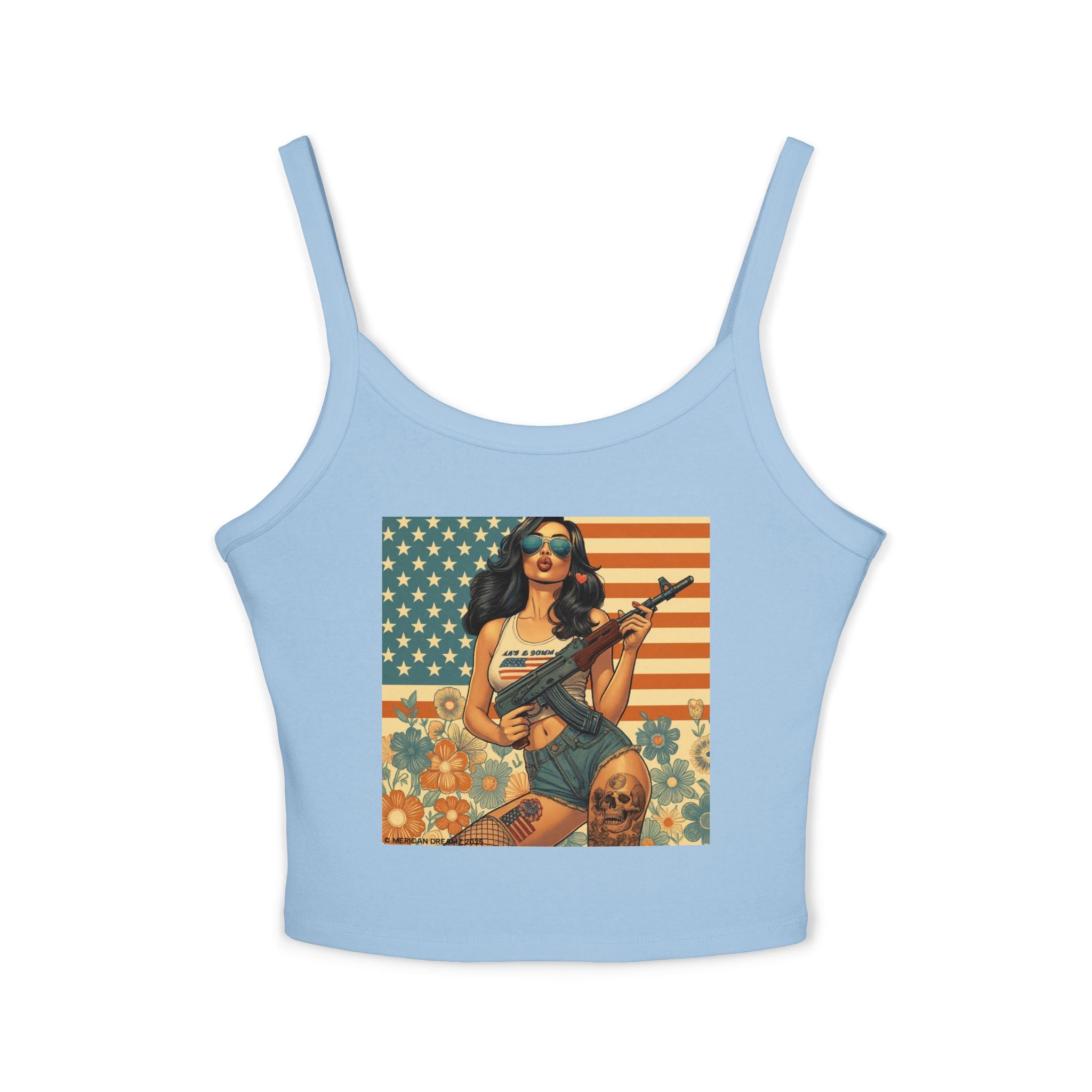 Retro Pinup Girl Tank Top — Vintage Flag & Floral Spaghetti Strap